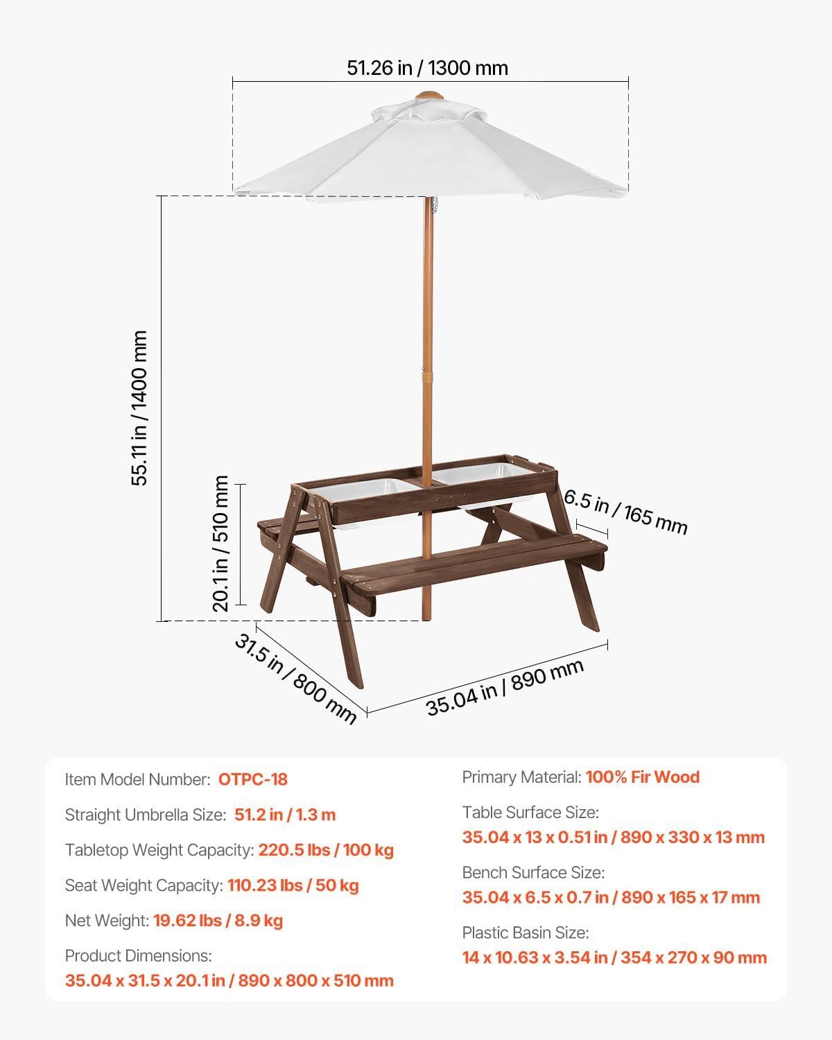 image:imageVEVOR Kids Picnic Table with Umbrella 3in1 Sand amp Water Table Outdoor Wooden Table and Bench Set with 2 Trays 4People Patio Dining Furniture for Garden Backyard and Porch Walnut