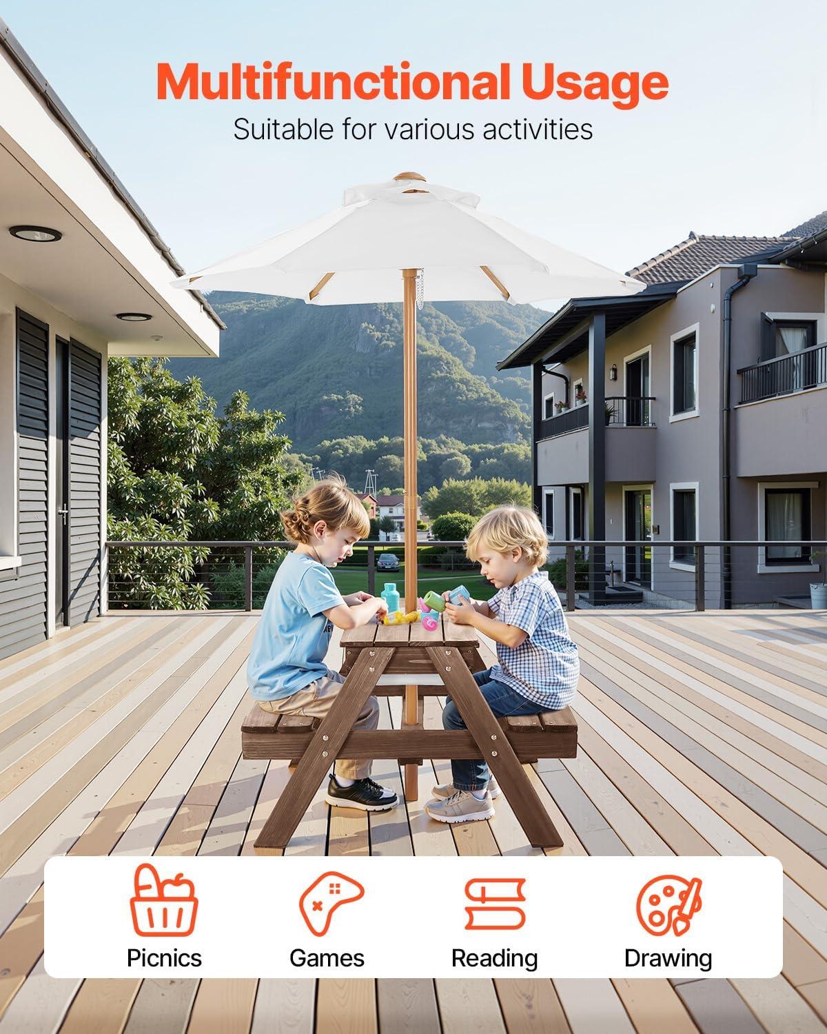image:imageVEVOR Kids Picnic Table with Umbrella 3in1 Sand amp Water Table Outdoor Wooden Table and Bench Set with 2 Trays 4People Patio Dining Furniture for Garden Backyard and Porch Walnut