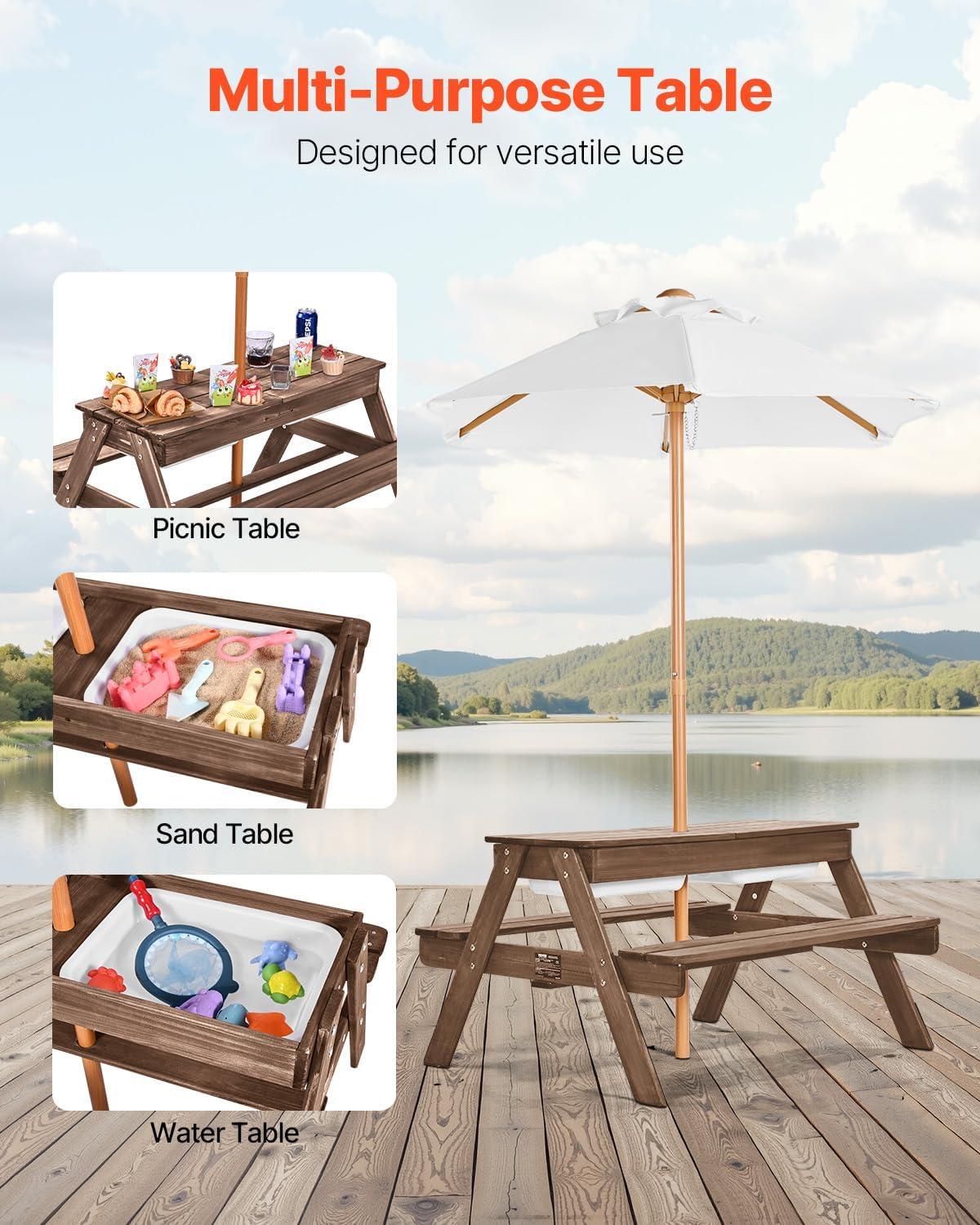 image:imageVEVOR Kids Picnic Table with Umbrella 3in1 Sand amp Water Table Outdoor Wooden Table and Bench Set with 2 Trays 4People Patio Dining Furniture for Garden Backyard and Porch Walnut