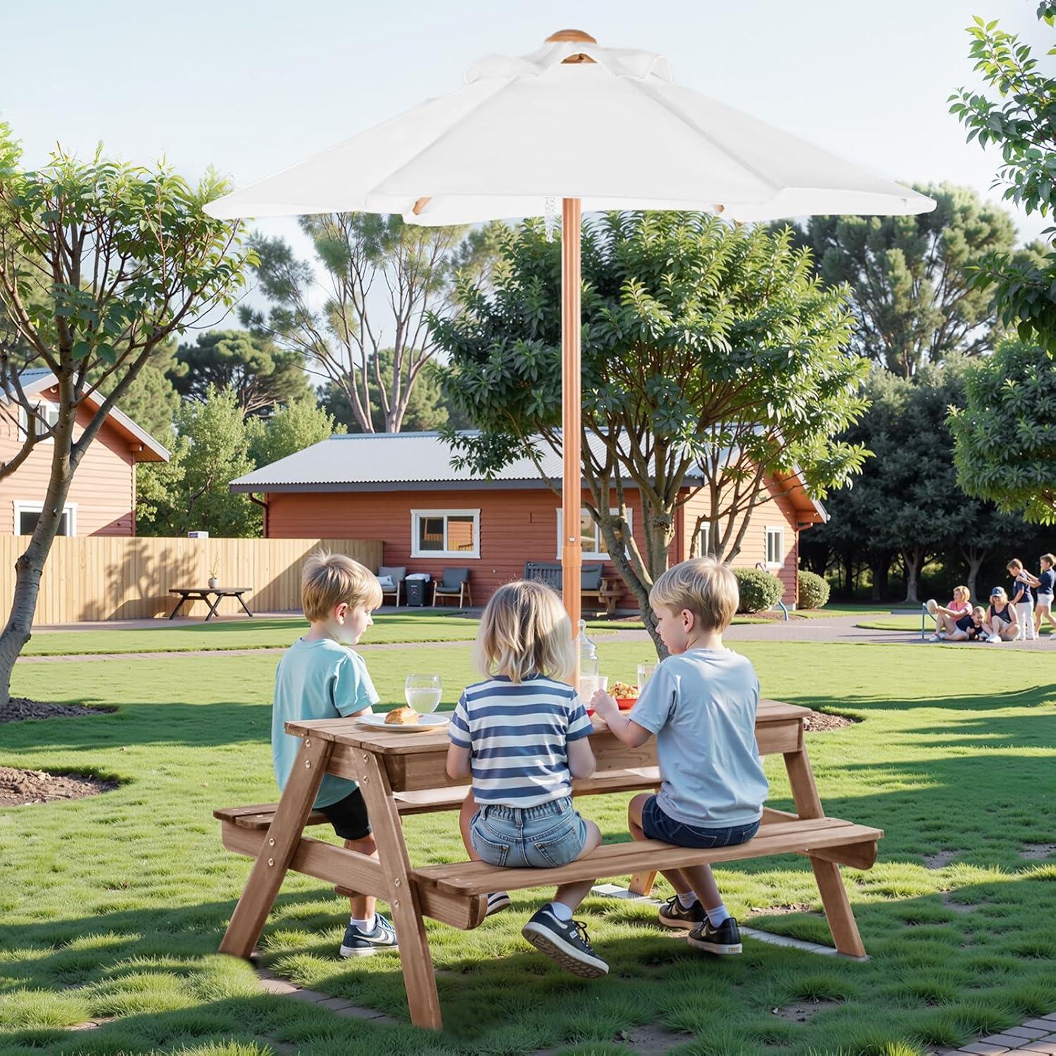 image:imageVEVOR Kids Picnic Table with Umbrella 3in1 Sand amp Water Table Outdoor Wooden Table and Bench Set with 2 Trays 4People Patio Dining Furniture for Garden Backyard and Porch Walnut