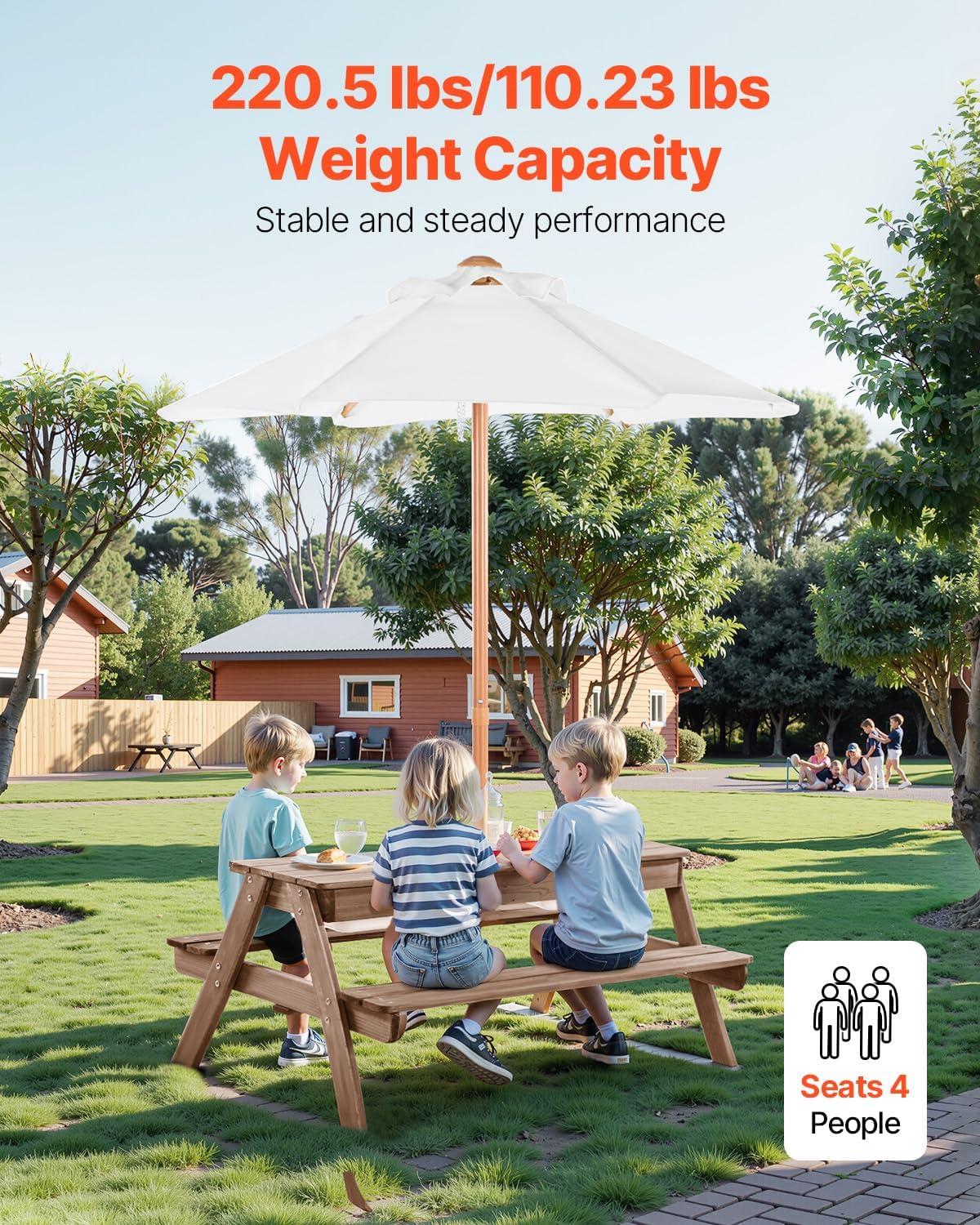 image:imageVEVOR Kids Picnic Table with Umbrella 3in1 Sand amp Water Table Outdoor Wooden Table and Bench Set with 2 Trays 4People Patio Dining Furniture for Garden Backyard and Porch Walnut