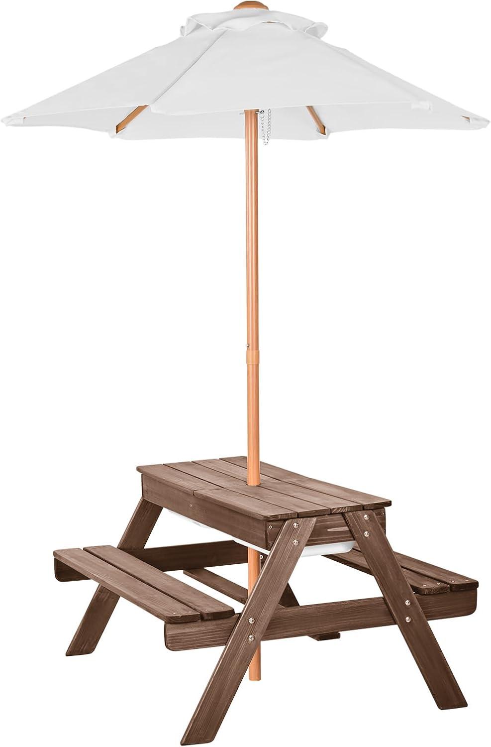 image:imageVEVOR Kids Picnic Table with Umbrella 3in1 Sand amp Water Table Outdoor Wooden Table and Bench Set with 2 Trays 4People Patio Dining Furniture for Garden Backyard and Porch Walnut