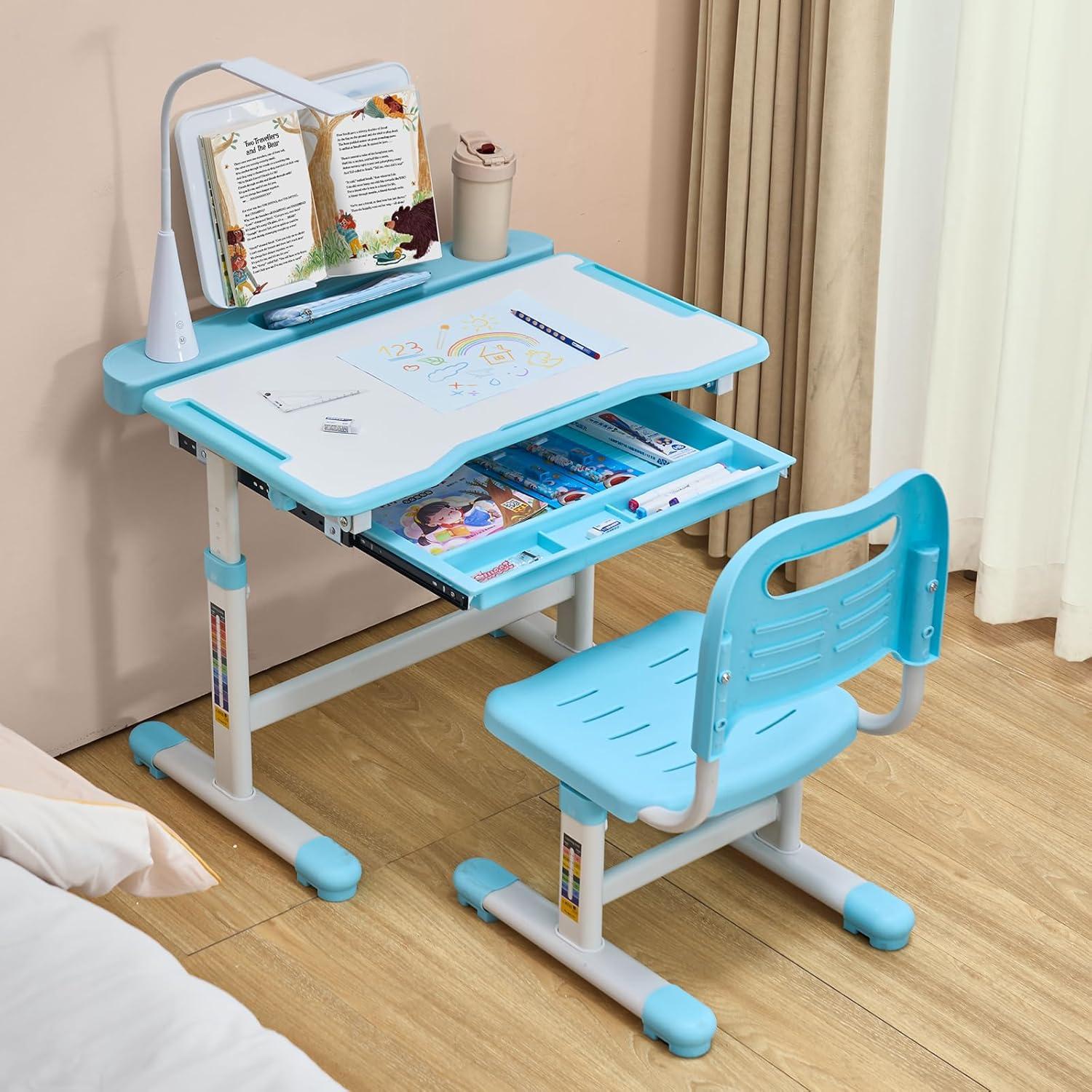 image:imageVEVOR Kids Study Chair and Desk Set Study Desk and Chair for Kids with Bookshelf and Storage Drawer Adjustable Height Kids Study Desk with Chair Children Study Table for Bedroom amp Study Room PinkBlue