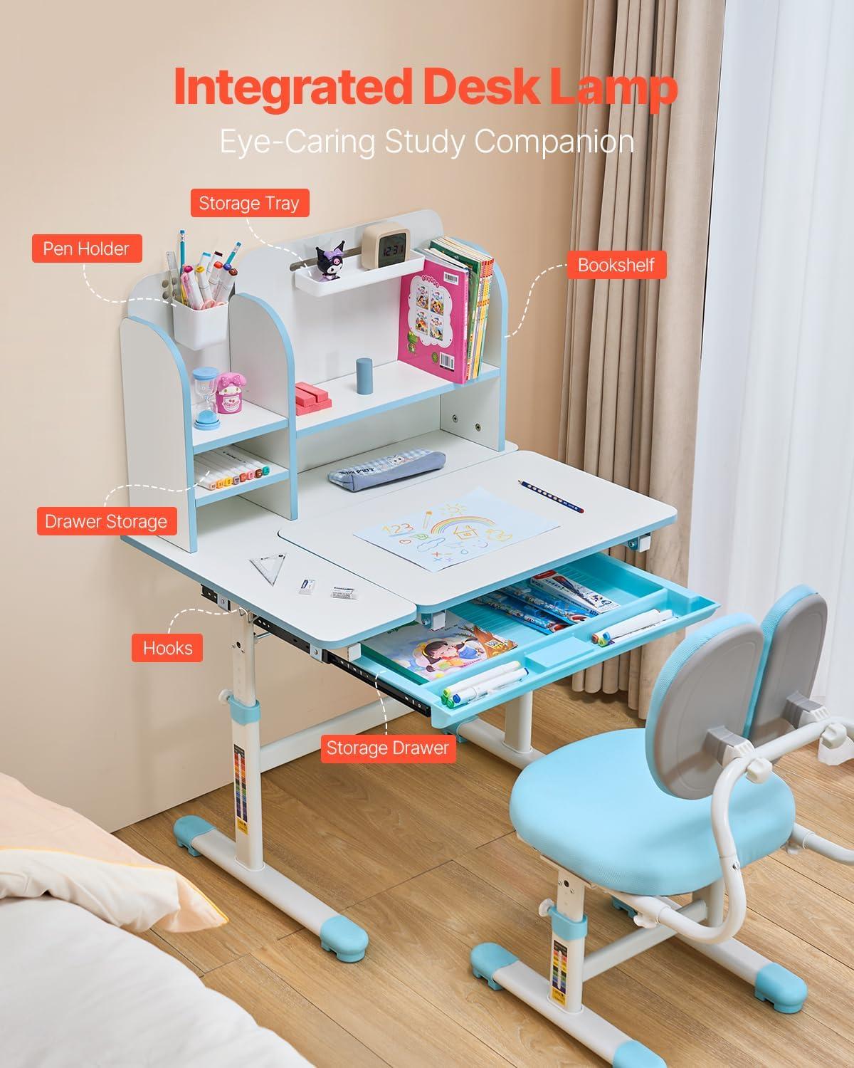 image:imageVEVOR Kids Study Chair and Desk Set Study Desk and Chair for Kids with Bookshelf and Storage Drawer Adjustable Height Kids Study Desk with Chair Children Study Table for Bedroom amp Study Room PinkBlue