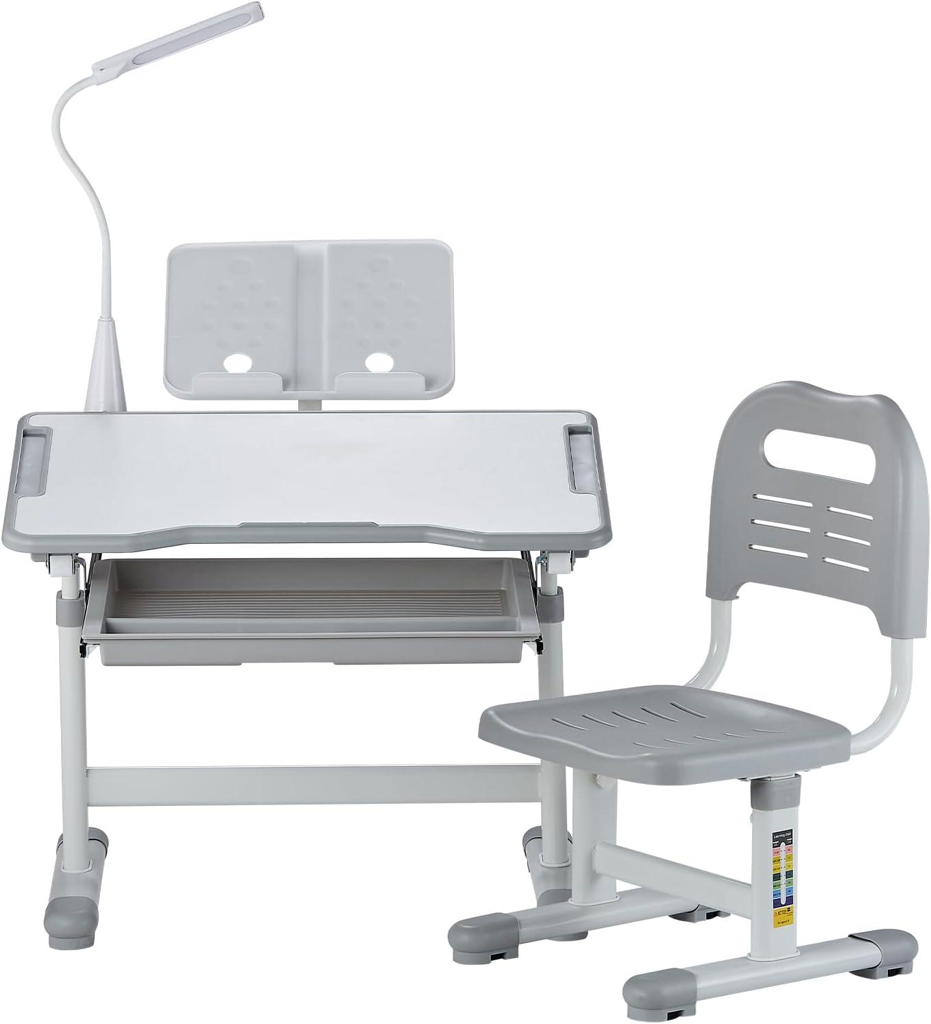 image:imageVEVOR Kids Study Chair and Desk Set Study Desk and Chair for Kids with Bookshelf and Storage Drawer Adjustable Height Kids Study Desk with Chair Children Study Table for Bedroom amp Study Room PinkGrey