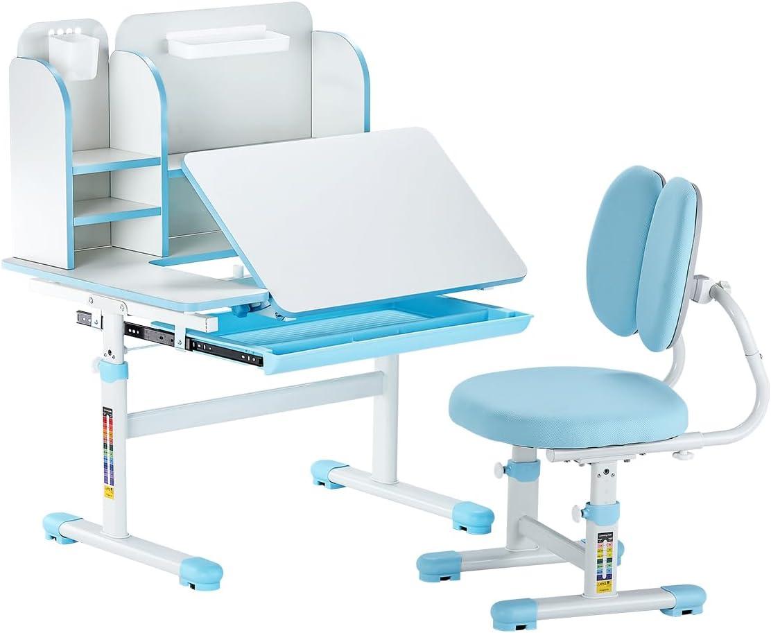 image:imageVEVOR Kids Study Chair and Desk Set Study Desk and Chair for Kids with Bookshelf and Storage Drawer Adjustable Height Kids Study Desk with Chair Children Study Table for Bedroom amp Study Room PinkBlue