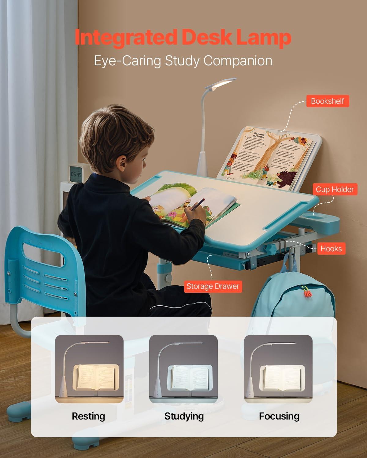 image:imageVEVOR Kids Study Chair and Desk Set Study Desk and Chair for Kids with Bookshelf and Storage Drawer Adjustable Height Kids Study Desk with Chair Children Study Table for Bedroom amp Study Room PinkBlue