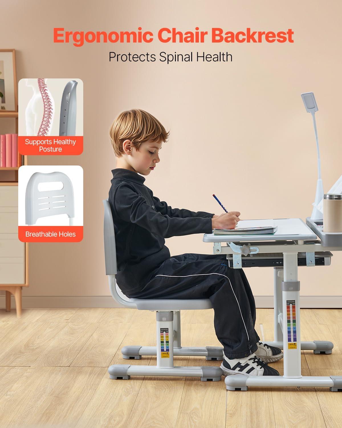 image:imageVEVOR Kids Study Chair and Desk Set Study Desk and Chair for Kids with Bookshelf and Storage Drawer Adjustable Height Kids Study Desk with Chair Children Study Table for Bedroom amp Study Room PinkGrey