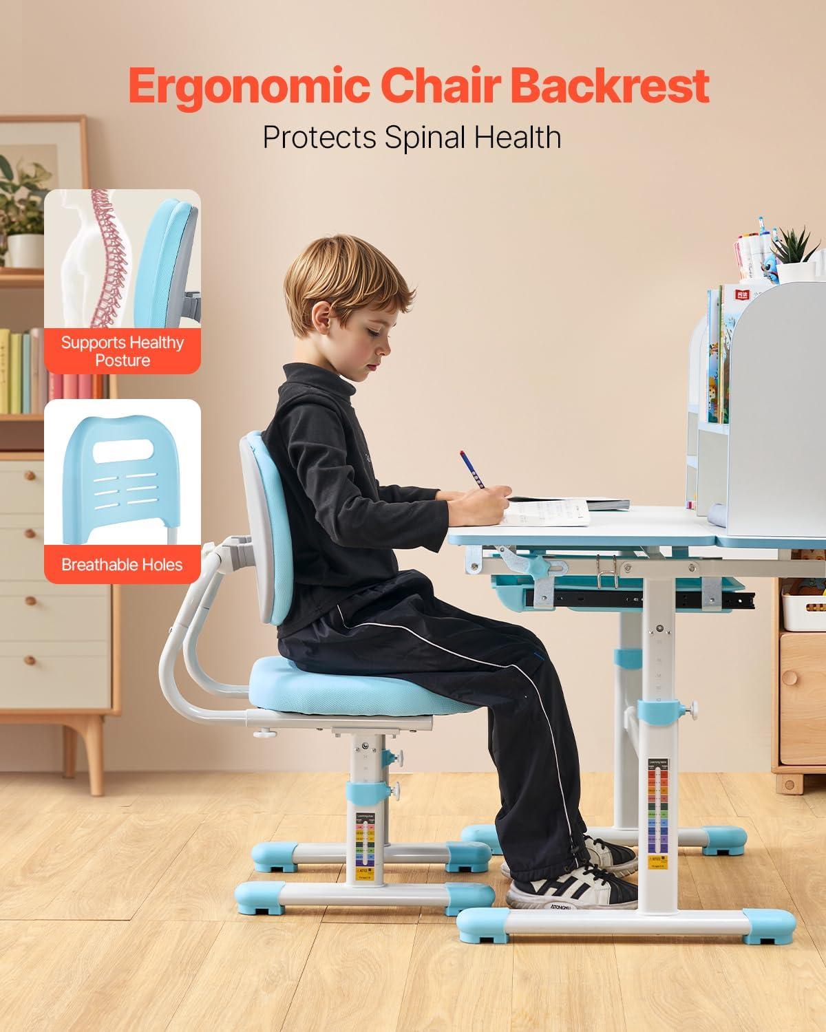 image:imageVEVOR Kids Study Chair and Desk Set Study Desk and Chair for Kids with Bookshelf and Storage Drawer Adjustable Height Kids Study Desk with Chair Children Study Table for Bedroom amp Study Room PinkBlue