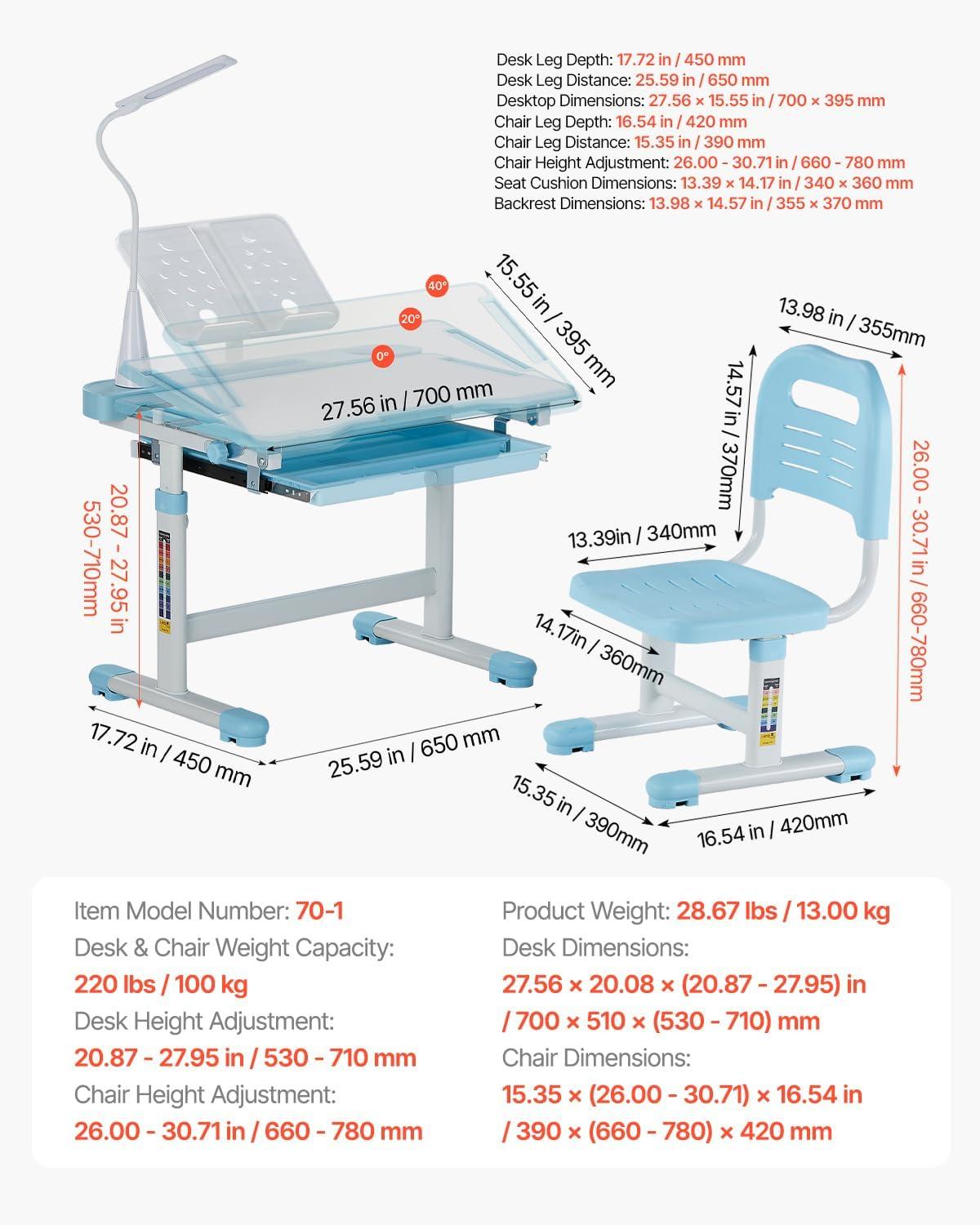 image:imageVEVOR Kids Study Chair and Desk Set Study Desk and Chair for Kids with Bookshelf and Storage Drawer Adjustable Height Kids Study Desk with Chair Children Study Table for Bedroom amp Study Room PinkBlue