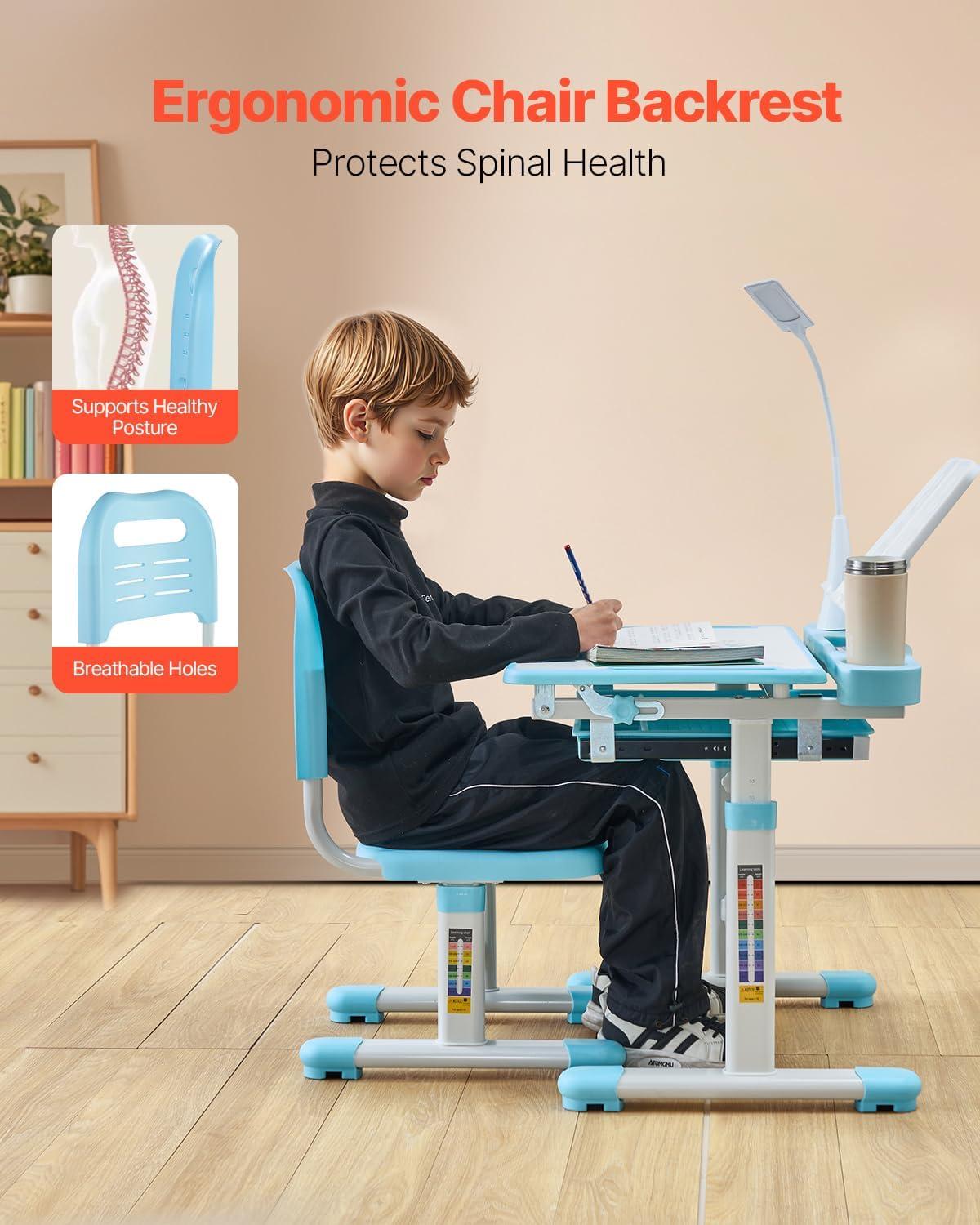 image:imageVEVOR Kids Study Chair and Desk Set Study Desk and Chair for Kids with Bookshelf and Storage Drawer Adjustable Height Kids Study Desk with Chair Children Study Table for Bedroom amp Study Room PinkBlue