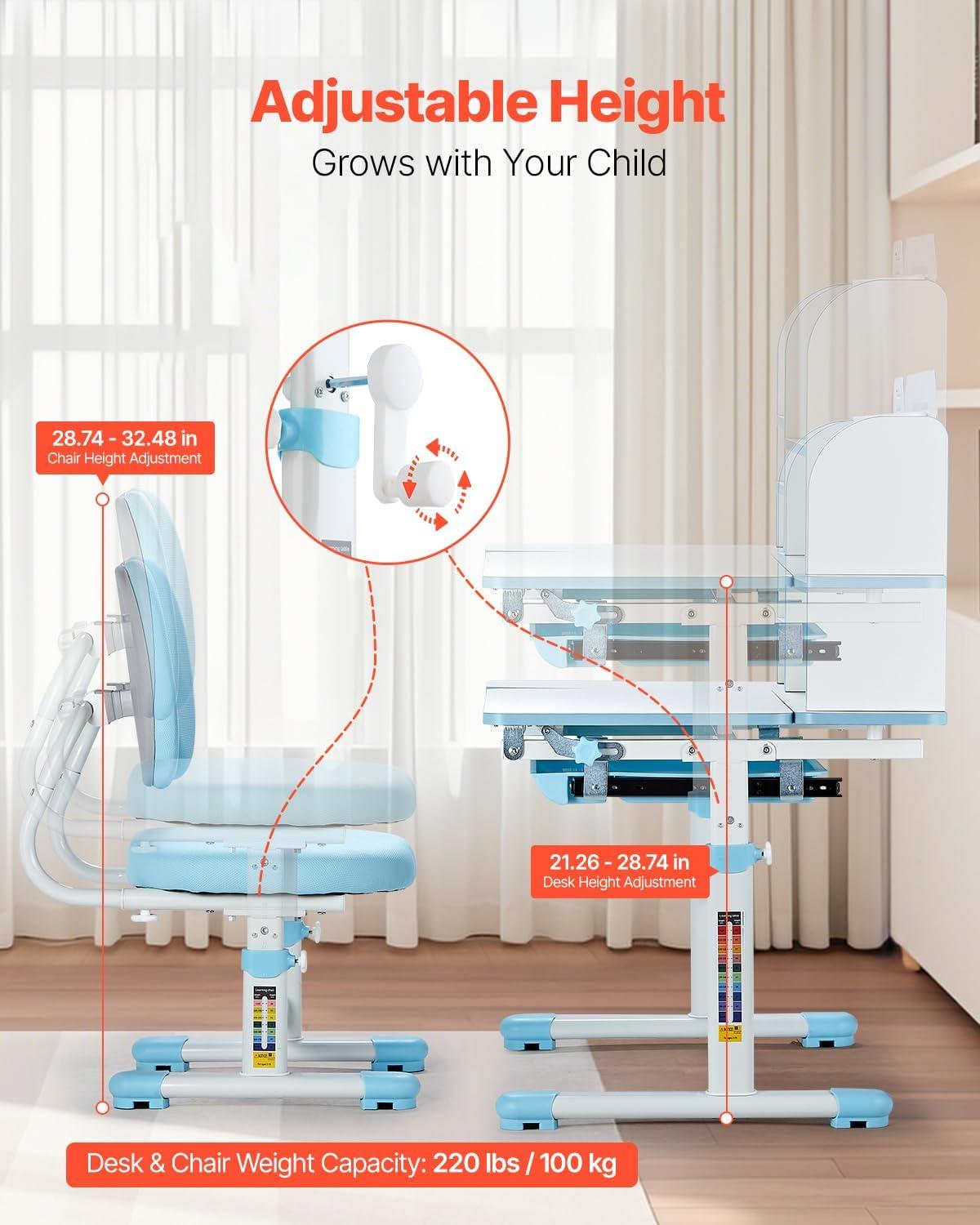 image:imageVEVOR Kids Study Chair and Desk Set Study Desk and Chair for Kids with Bookshelf and Storage Drawer Adjustable Height Kids Study Desk with Chair Children Study Table for Bedroom amp Study Room PinkBlue