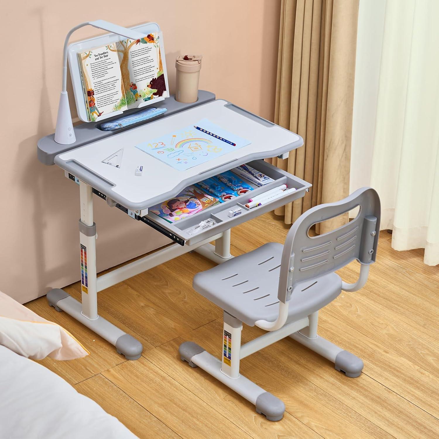 image:imageVEVOR Kids Study Chair and Desk Set Study Desk and Chair for Kids with Bookshelf and Storage Drawer Adjustable Height Kids Study Desk with Chair Children Study Table for Bedroom amp Study Room PinkGrey