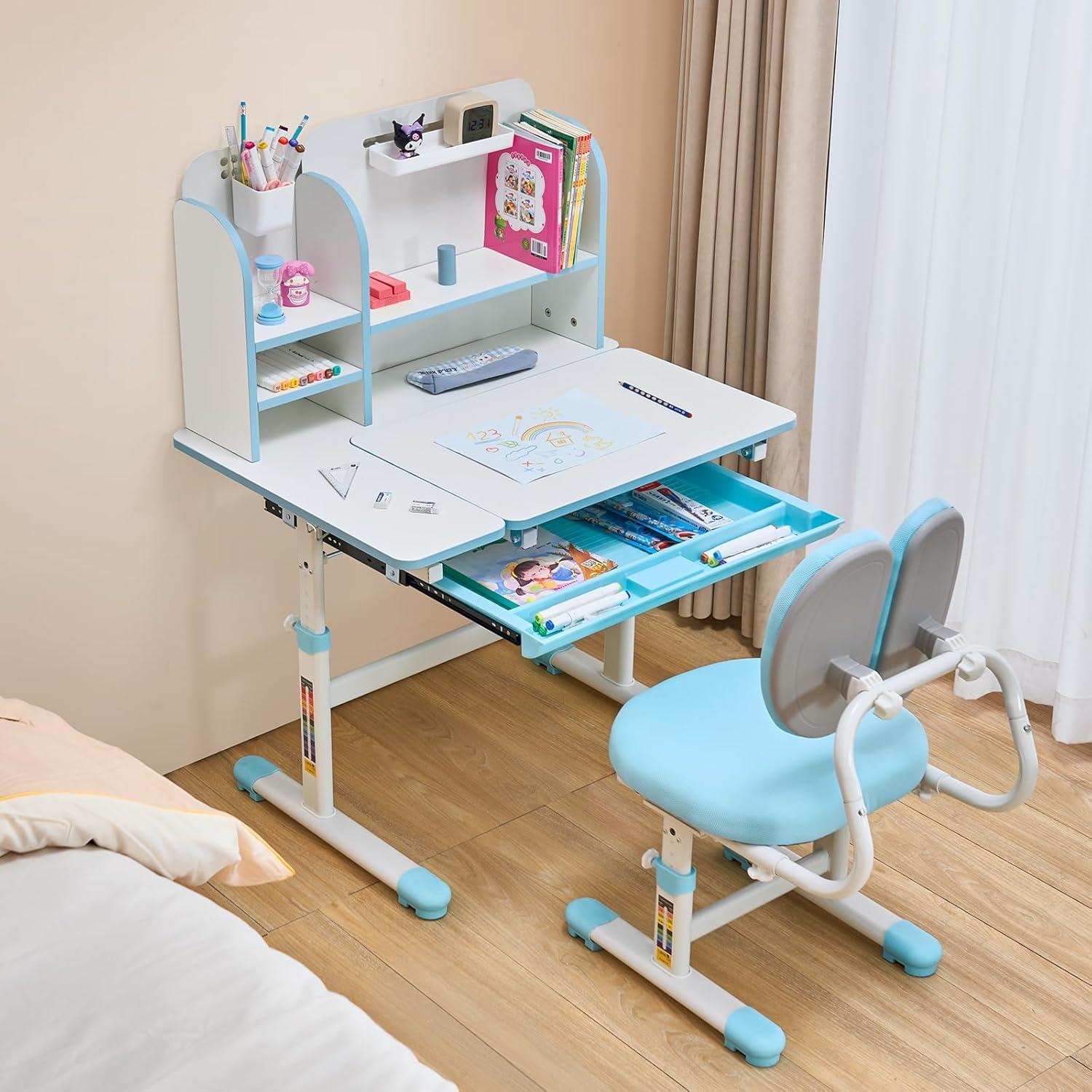 image:imageVEVOR Kids Study Chair and Desk Set Study Desk and Chair for Kids with Bookshelf and Storage Drawer Adjustable Height Kids Study Desk with Chair Children Study Table for Bedroom amp Study Room PinkBlue