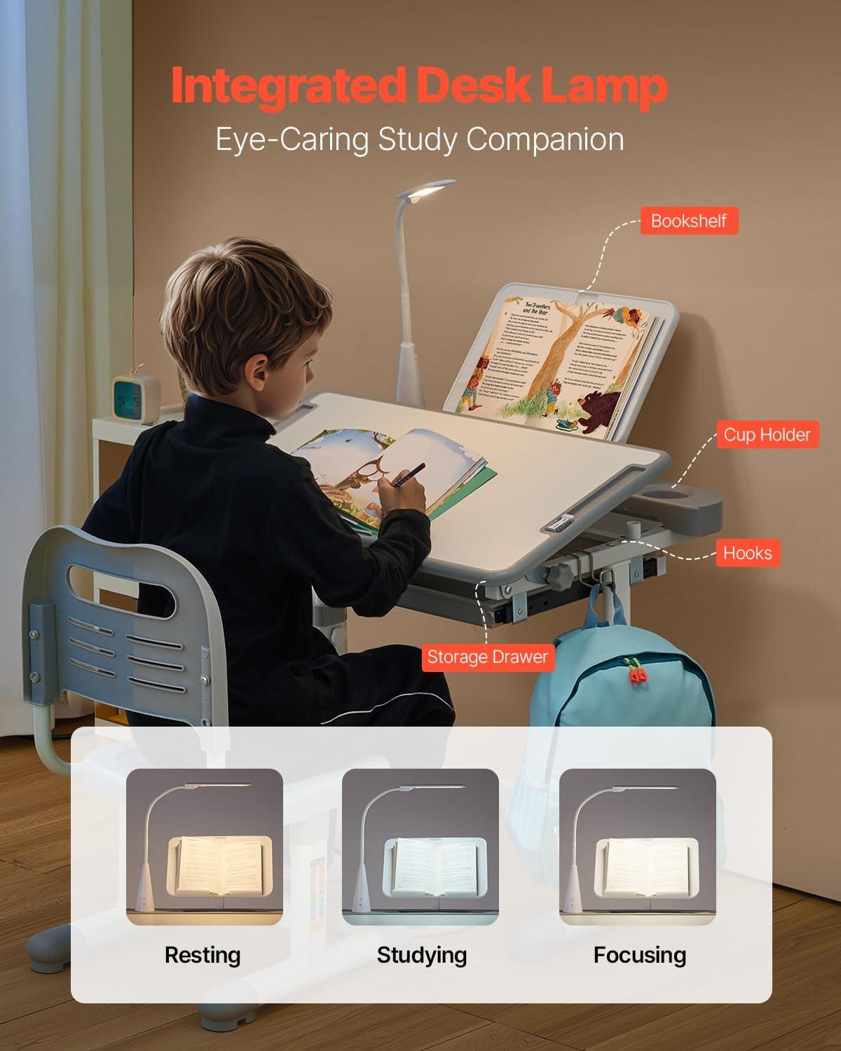 image:imageVEVOR Kids Study Chair and Desk Set Study Desk and Chair for Kids with Bookshelf and Storage Drawer Adjustable Height Kids Study Desk with Chair Children Study Table for Bedroom amp Study Room PinkGrey