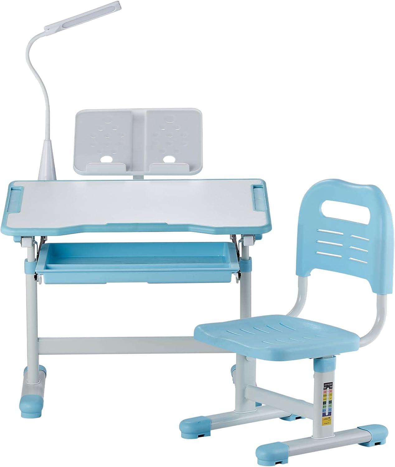 image:imageVEVOR Kids Study Chair and Desk Set Study Desk and Chair for Kids with Bookshelf and Storage Drawer Adjustable Height Kids Study Desk with Chair Children Study Table for Bedroom amp Study Room PinkBlue