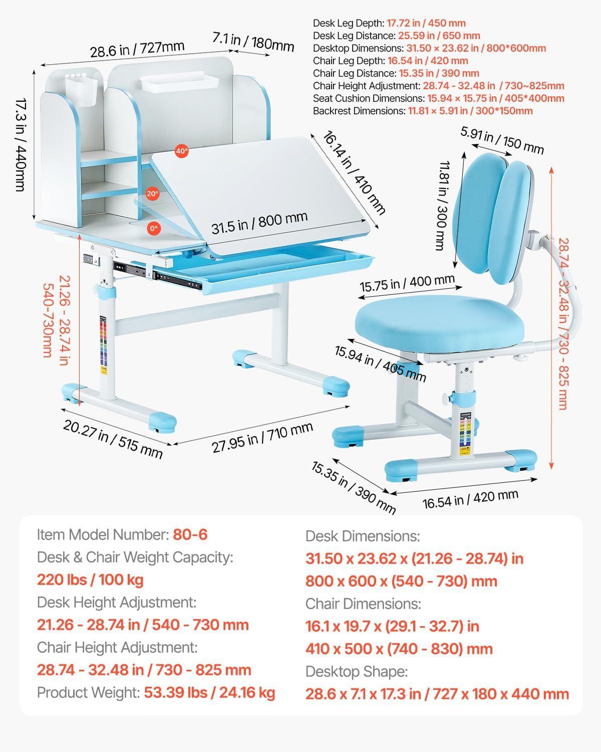 image:imageVEVOR Kids Study Chair and Desk Set Study Desk and Chair for Kids with Bookshelf and Storage Drawer Adjustable Height Kids Study Desk with Chair Children Study Table for Bedroom amp Study Room PinkBlue