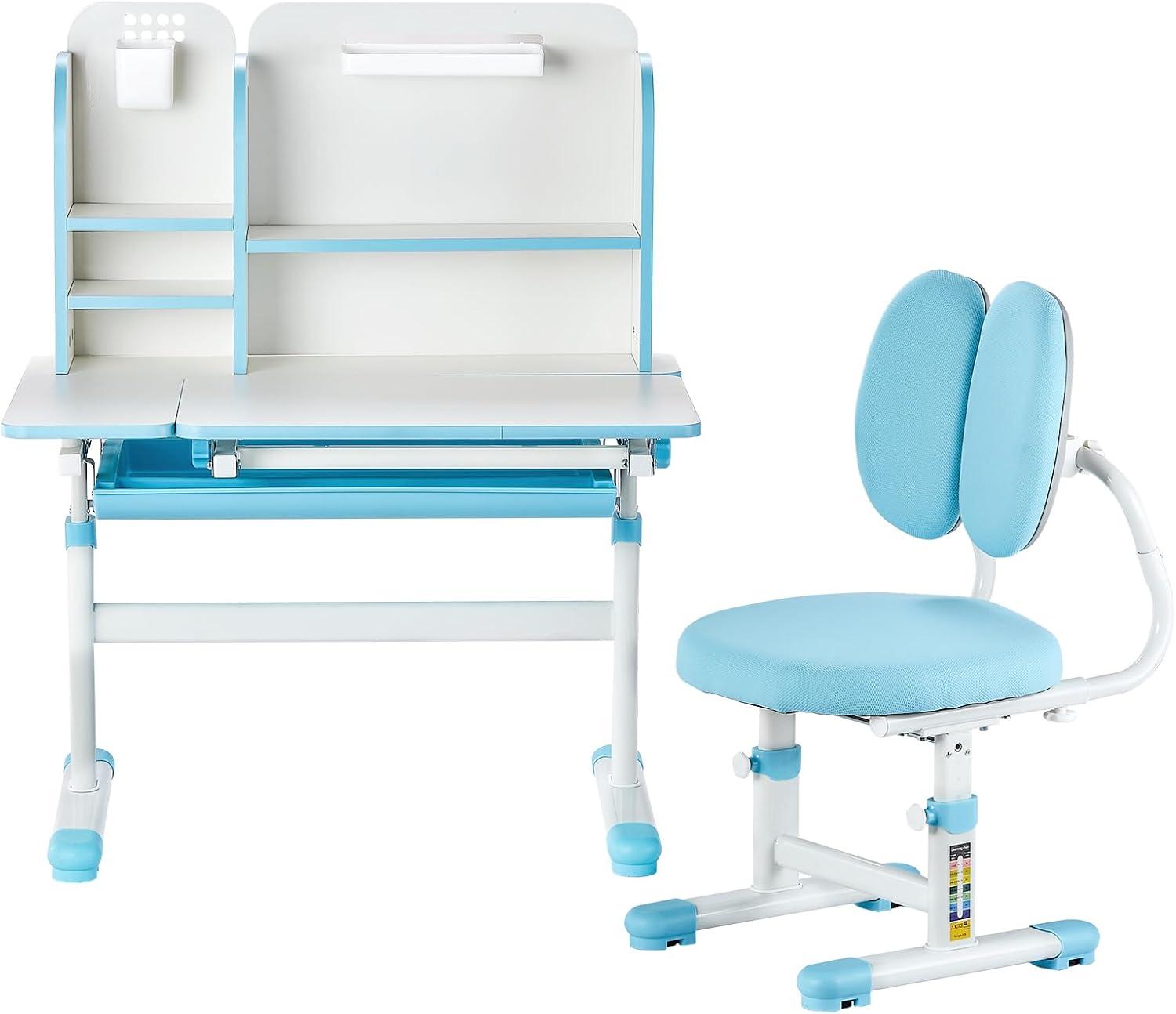 image:imageVEVOR Kids Study Chair and Desk Set Study Desk and Chair for Kids with Bookshelf and Storage Drawer Adjustable Height Kids Study Desk with Chair Children Study Table for Bedroom amp Study Room PinkBlue