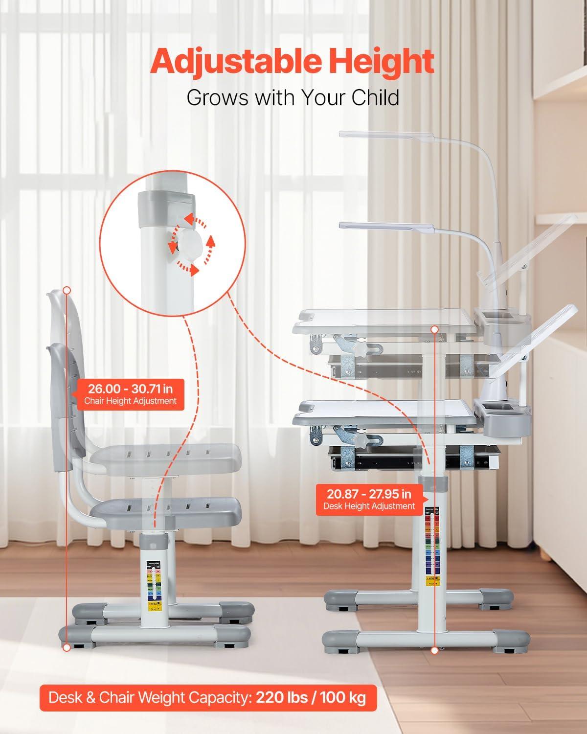 image:imageVEVOR Kids Study Chair and Desk Set Study Desk and Chair for Kids with Bookshelf and Storage Drawer Adjustable Height Kids Study Desk with Chair Children Study Table for Bedroom amp Study Room PinkGrey