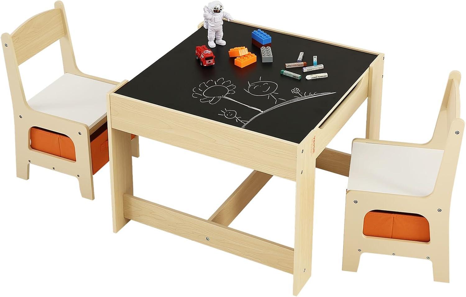 image:imageVEVOR Kids Table and Chair Set 3 in 1 Wooden Kids Table with Storage Drawer Toddler Activity Play Desk with 2 in 1 Detachable Tabletop Children Table for Art Eating Reading Learning NaturalNatural
