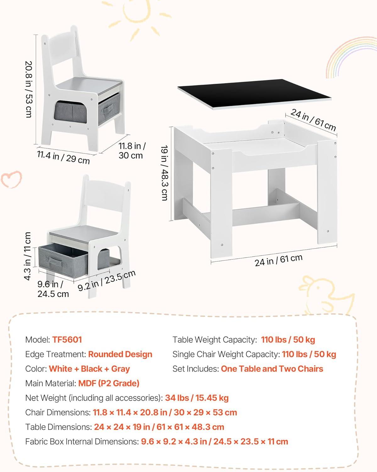 image:imageVEVOR Kids Table and Chair Set 3 in 1 Wooden Kids Table with Storage Drawer Toddler Activity Play Desk with 2 in 1 Detachable Tabletop Children Table for Art Eating Reading Learning NaturalGray White