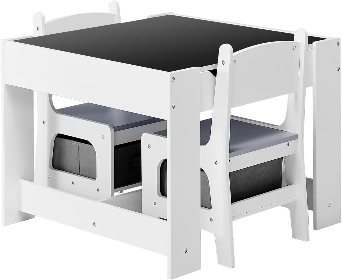image:imageVEVOR Kids Table and Chair Set 3 in 1 Wooden Kids Table with Storage Drawer Toddler Activity Play Desk with 2 in 1 Detachable Tabletop Children Table for Art Eating Reading Learning NaturalGray White