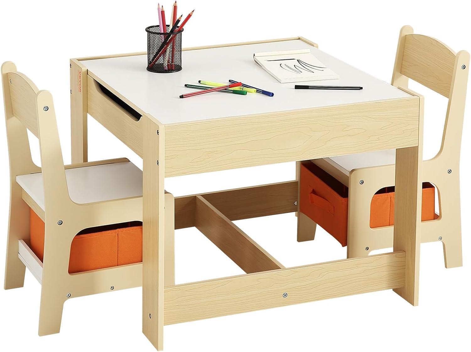 image:imageVEVOR Kids Table and Chair Set 3 in 1 Wooden Kids Table with Storage Drawer Toddler Activity Play Desk with 2 in 1 Detachable Tabletop Children Table for Art Eating Reading Learning NaturalNatural