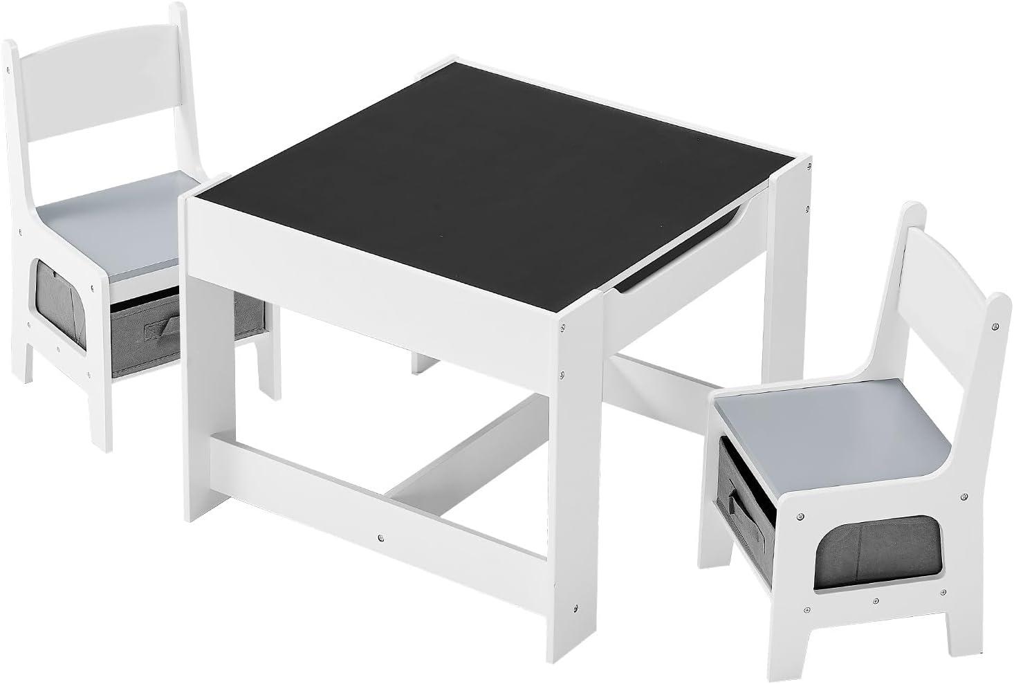 image:imageVEVOR Kids Table and Chair Set 3 in 1 Wooden Kids Table with Storage Drawer Toddler Activity Play Desk with 2 in 1 Detachable Tabletop Children Table for Art Eating Reading Learning NaturalGray White