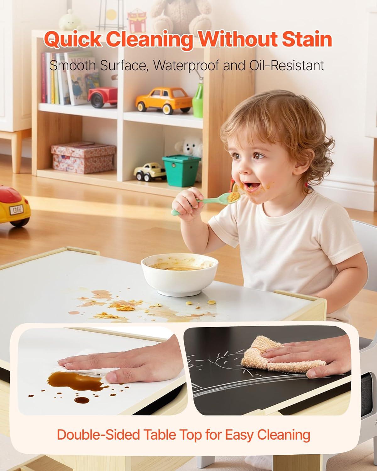 image:imageVEVOR Kids Table and Chair Set 3 in 1 Wooden Kids Table with Storage Drawer Toddler Activity Play Desk with 2 in 1 Detachable Tabletop Children Table for Art Eating Reading Learning NaturalNatural