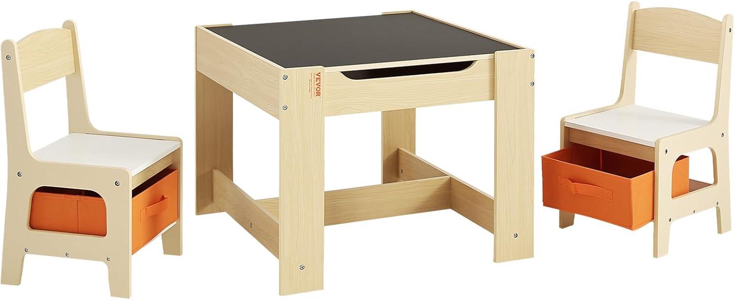 image:imageVEVOR Kids Table and Chair Set 3 in 1 Wooden Kids Table with Storage Drawer Toddler Activity Play Desk with 2 in 1 Detachable Tabletop Children Table for Art Eating Reading Learning NaturalNatural