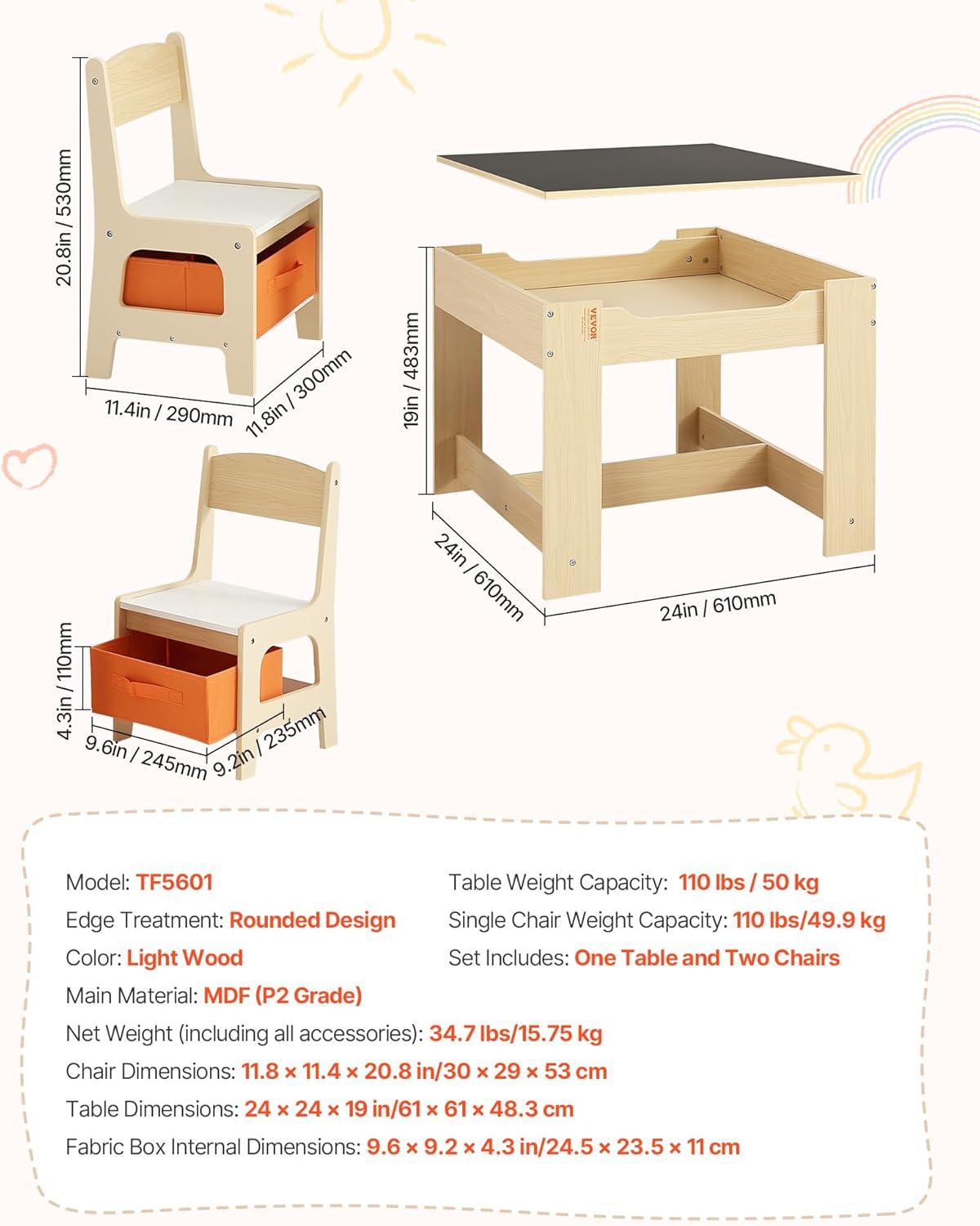 image:imageVEVOR Kids Table and Chair Set 3 in 1 Wooden Kids Table with Storage Drawer Toddler Activity Play Desk with 2 in 1 Detachable Tabletop Children Table for Art Eating Reading Learning NaturalNatural
