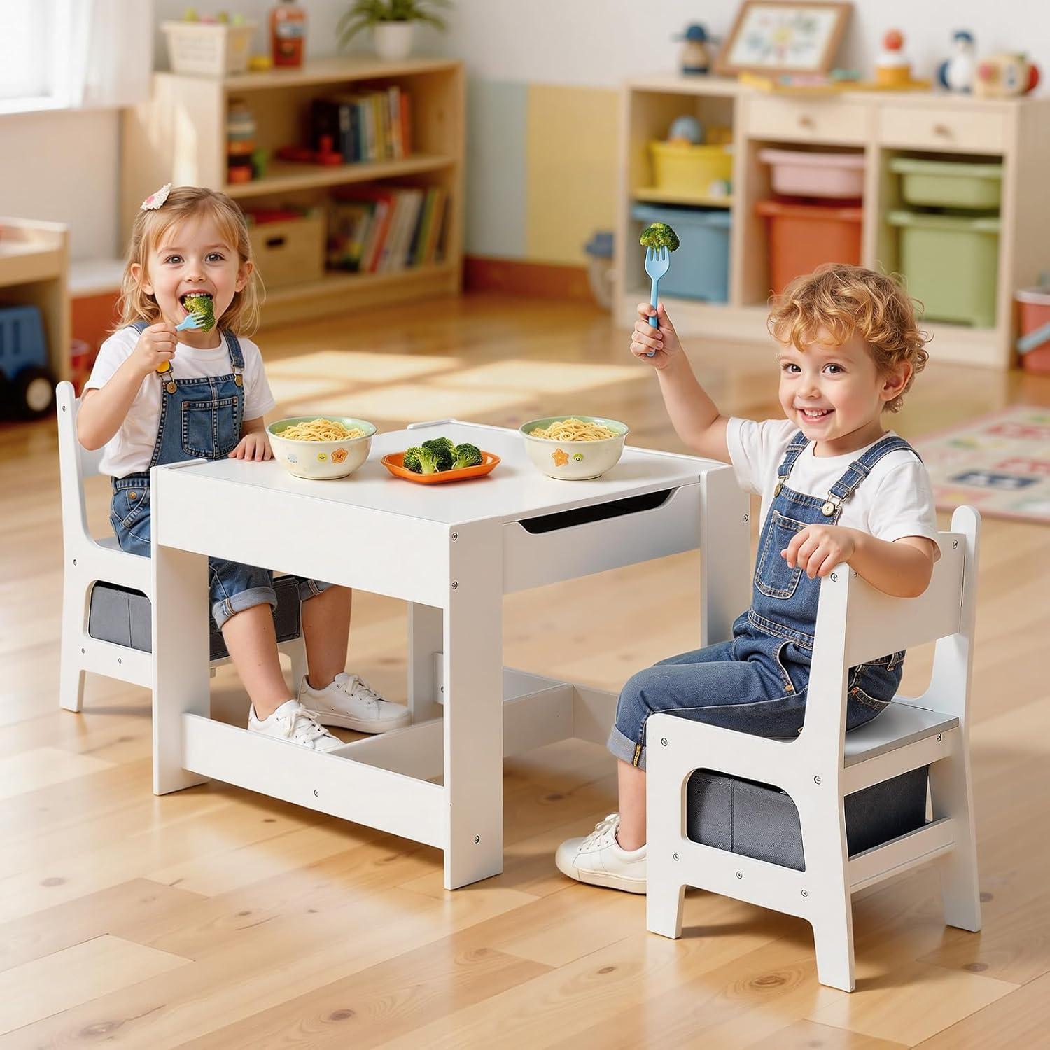 image:imageVEVOR Kids Table and Chair Set 3 in 1 Wooden Kids Table with Storage Drawer Toddler Activity Play Desk with 2 in 1 Detachable Tabletop Children Table for Art Eating Reading Learning NaturalGray White