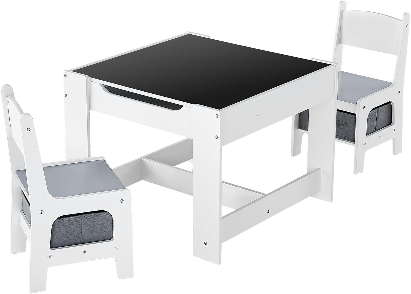 image:imageVEVOR Kids Table and Chair Set 3 in 1 Wooden Kids Table with Storage Drawer Toddler Activity Play Desk with 2 in 1 Detachable Tabletop Children Table for Art Eating Reading Learning NaturalGray White