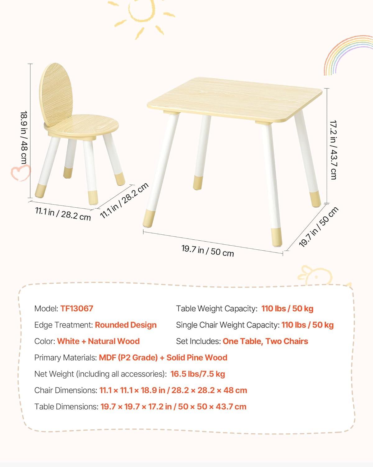 image:imageVEVOR Kids Table and Chairs Toddler Table and Chair Set Children Wooden MultiActivity Table for Play Art Craft Reading Learning Eating 1 Table and 2 ChairsNatural