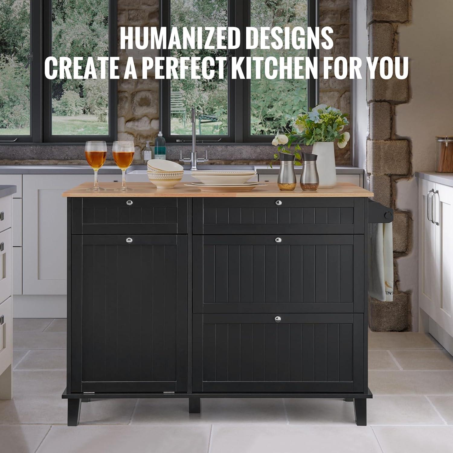 image:imageVEVOR Kitchen Island Cart 50 Wood Top Breakfast Bar with Trash Cabinet Tilt Out 10 Gallon Storage Farmhouse Dining Living Room Table with Drop Leaf Towel Bar Drawer Black50inchblack
