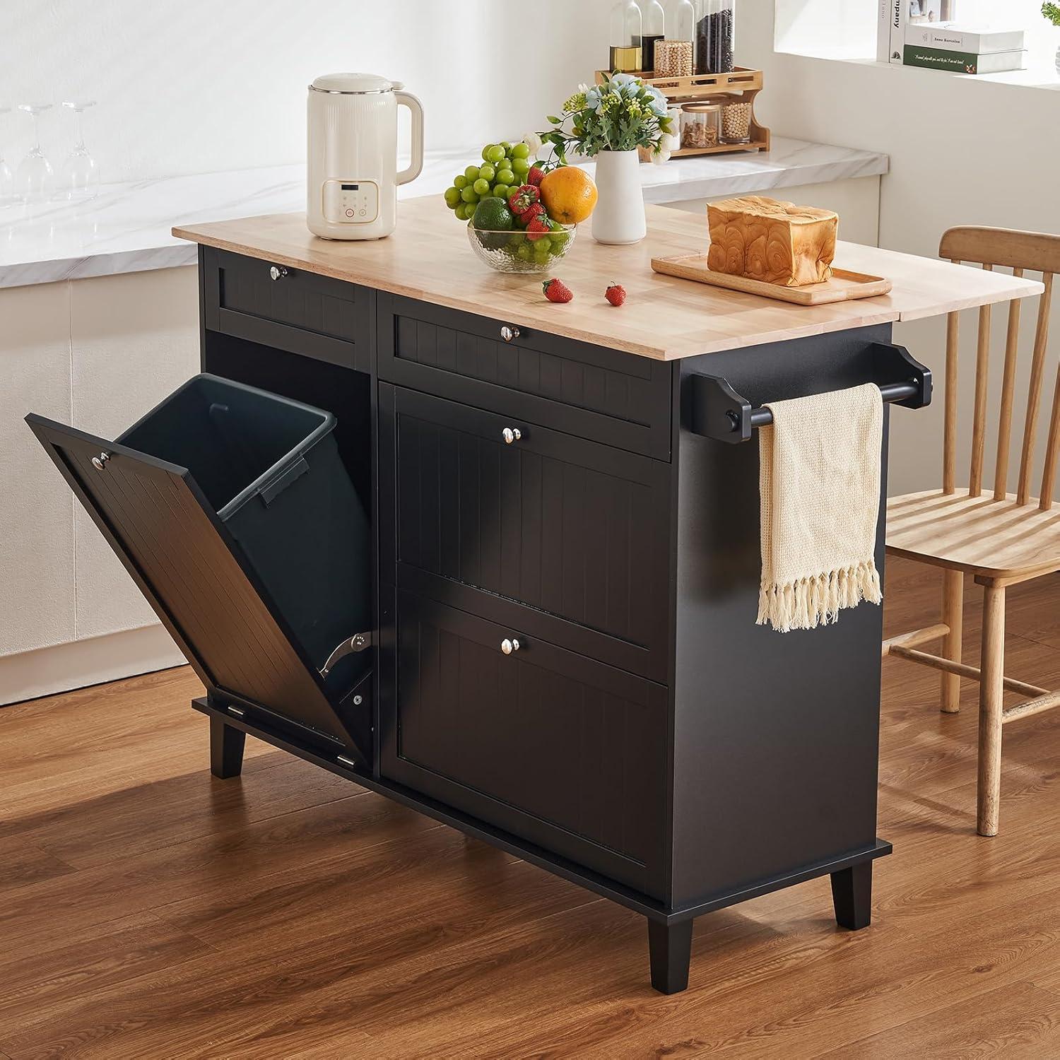 image:imageVEVOR Kitchen Island Cart 50 Wood Top Breakfast Bar with Trash Cabinet Tilt Out 10 Gallon Storage Farmhouse Dining Living Room Table with Drop Leaf Towel Bar Drawer Black50inchblack