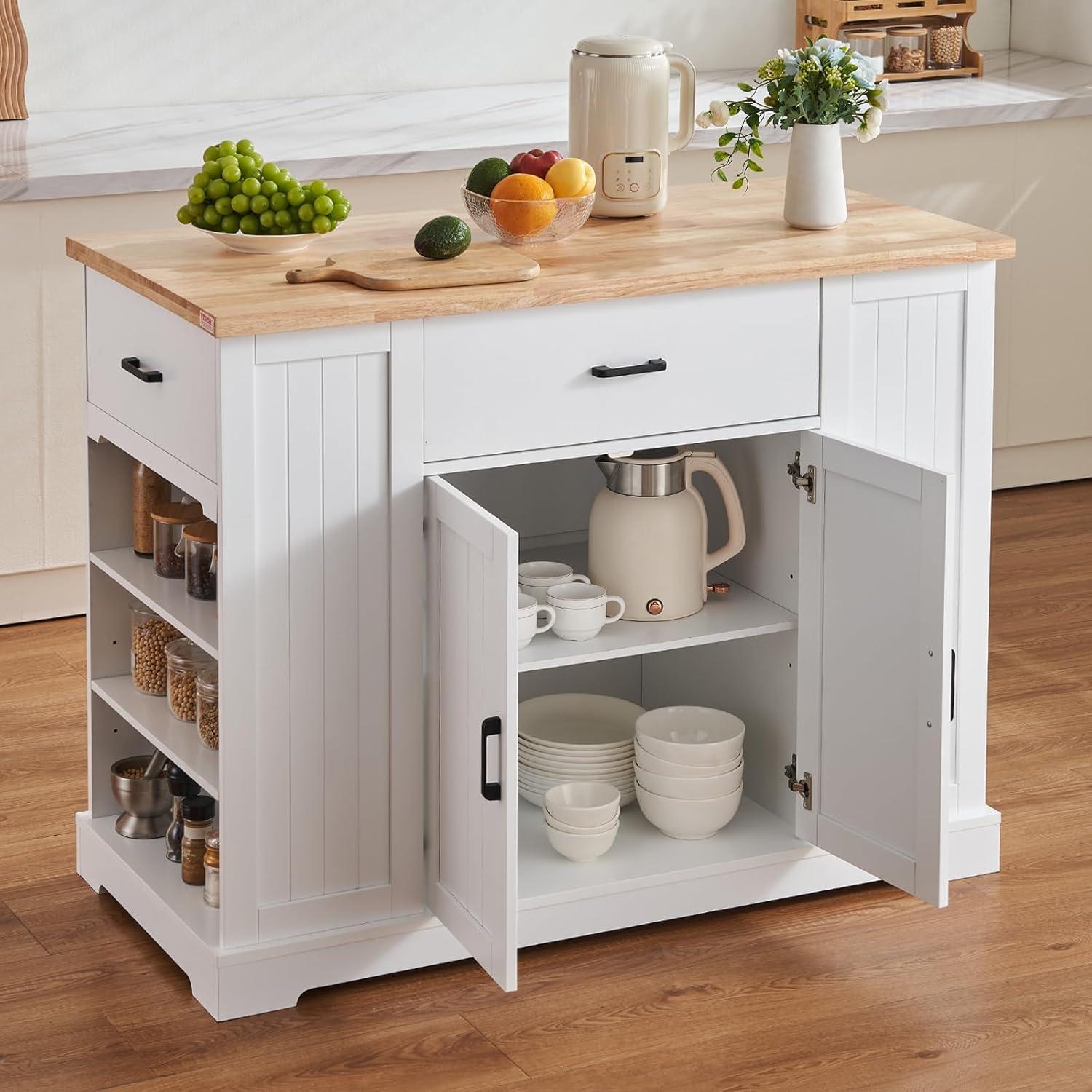image:imageVEVOR Kitchen Island Cart 50 Wood Top Breakfast Bar with Trash Cabinet Tilt Out 10 Gallon Storage Farmhouse Dining Living Room Table with Drop Leaf Towel Bar Drawer Black46inchWhite