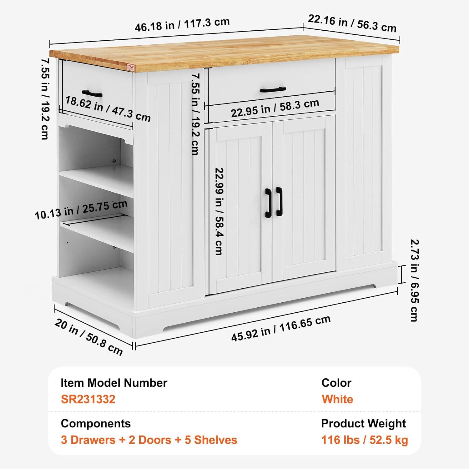 image:imageVEVOR Kitchen Island Cart 50 Wood Top Breakfast Bar with Trash Cabinet Tilt Out 10 Gallon Storage Farmhouse Dining Living Room Table with Drop Leaf Towel Bar Drawer Black46inchWhite
