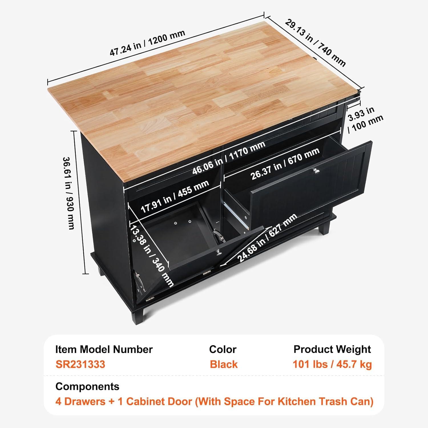 image:imageVEVOR Kitchen Island Cart 50 Wood Top Breakfast Bar with Trash Cabinet Tilt Out 10 Gallon Storage Farmhouse Dining Living Room Table with Drop Leaf Towel Bar Drawer Black50inchblack