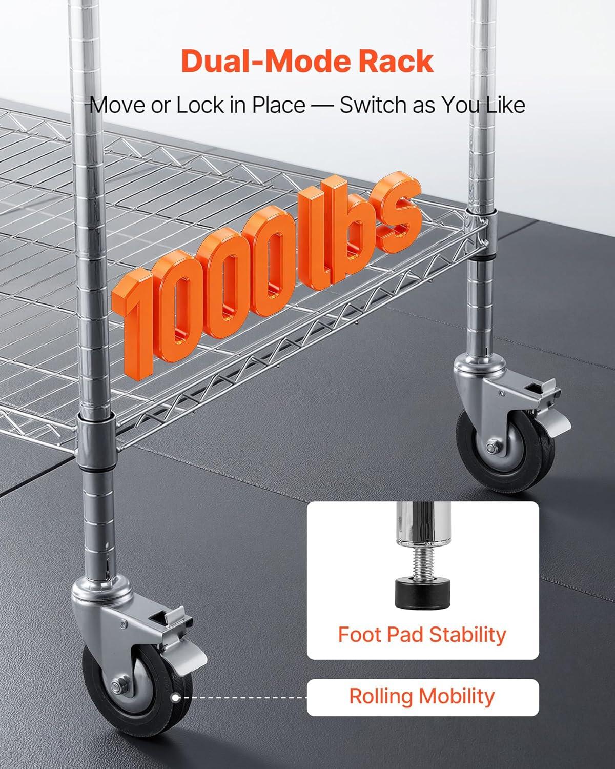 image:imageVEVOR Kitchen Utility Cart 3 Tier Heavy Duty Adjustable Wire Storage Rack Commercial Steel Rolling Service Trolley on Wheels Work Table with Handle Bar for Garage and Laundry Room 40x25x409 in25d X 40w X 409h