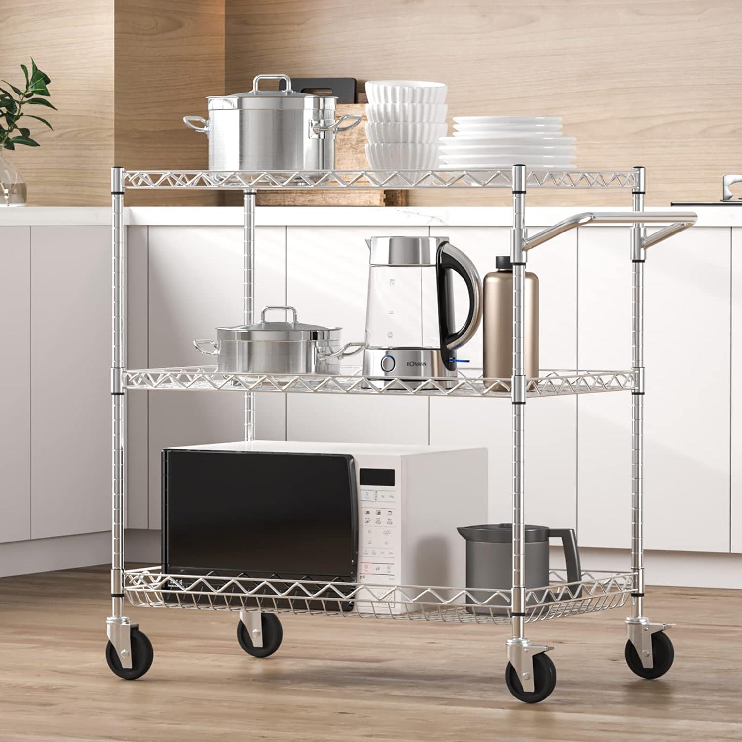 image:imageVEVOR Kitchen Utility Cart 3 Tier Heavy Duty Adjustable Wire Storage Rack Commercial Steel Rolling Service Trolley on Wheels Work Table with Handle Bar for Garage and Laundry Room 40x25x409 in18d X 30w X 324h