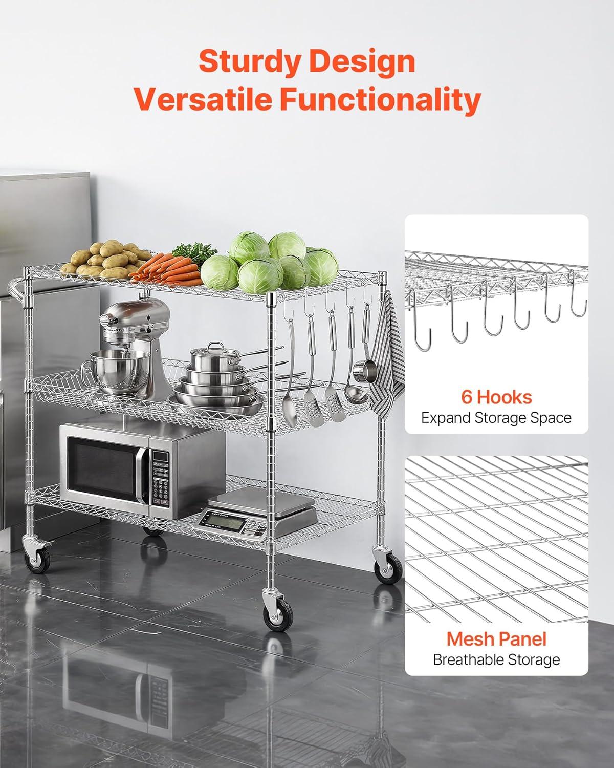 image:imageVEVOR Kitchen Utility Cart 3 Tier Heavy Duty Adjustable Wire Storage Rack Commercial Steel Rolling Service Trolley on Wheels Work Table with Handle Bar for Garage and Laundry Room 40x25x409 in25d X 40w X 409h
