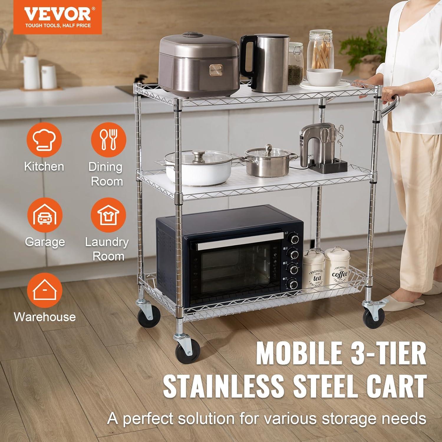 image:imageVEVOR Kitchen Utility Cart 3 Tier Heavy Duty Adjustable Wire Storage Rack Commercial Steel Rolling Service Trolley on Wheels Work Table with Handle Bar for Garage and Laundry Room 40x25x409 in18d X 35w X 409h