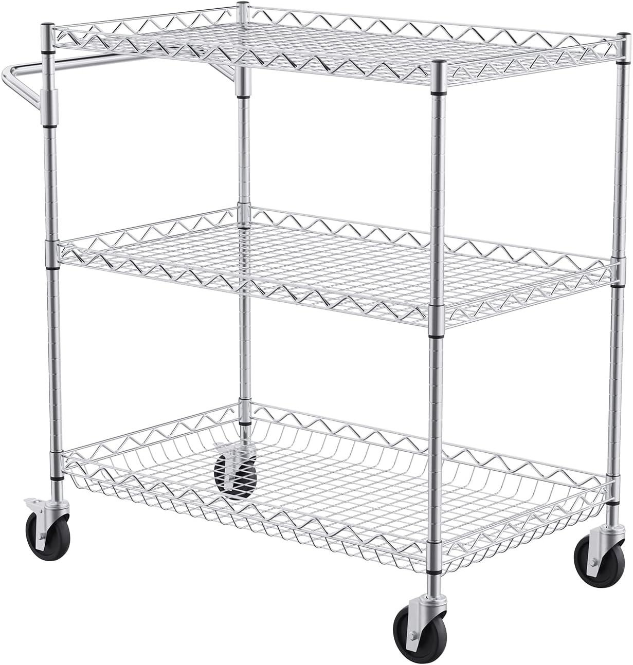 image:imageVEVOR Kitchen Utility Cart 3 Tier Heavy Duty Adjustable Wire Storage Rack Commercial Steel Rolling Service Trolley on Wheels Work Table with Handle Bar for Garage and Laundry Room 40x25x409 in18d X 30w X 324h