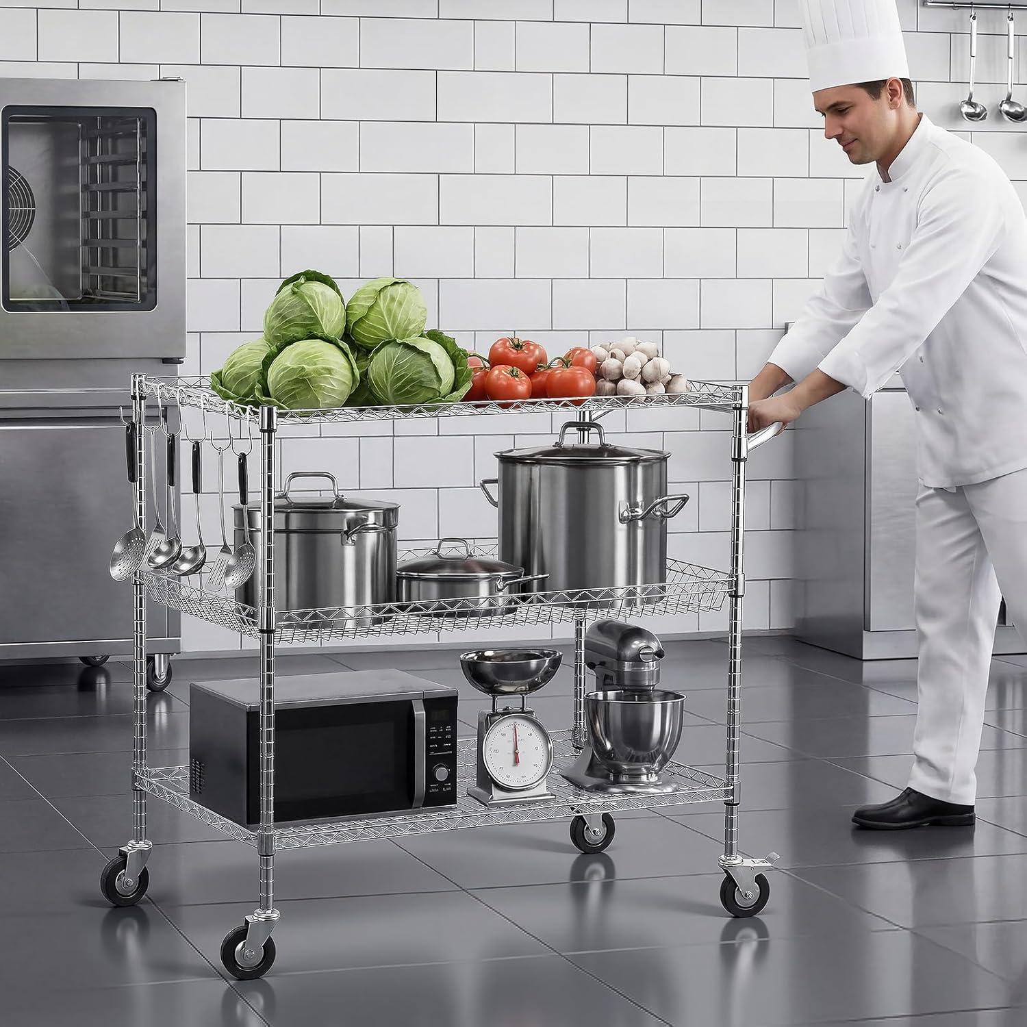 image:imageVEVOR Kitchen Utility Cart 3 Tier Heavy Duty Adjustable Wire Storage Rack Commercial Steel Rolling Service Trolley on Wheels Work Table with Handle Bar for Garage and Laundry Room 40x25x409 in25d X 40w X 409h