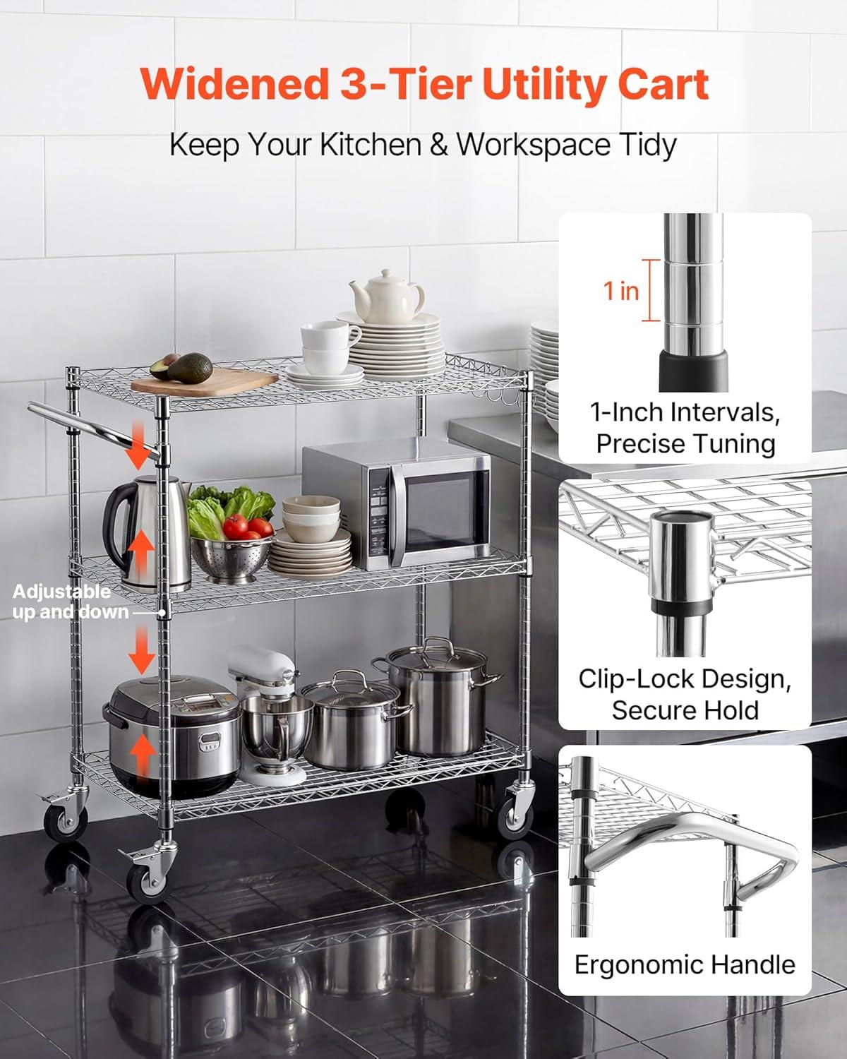 image:imageVEVOR Kitchen Utility Cart 3 Tier Heavy Duty Adjustable Wire Storage Rack Commercial Steel Rolling Service Trolley on Wheels Work Table with Handle Bar for Garage and Laundry Room 40x25x409 in178d X 35w X 409h Upgraded