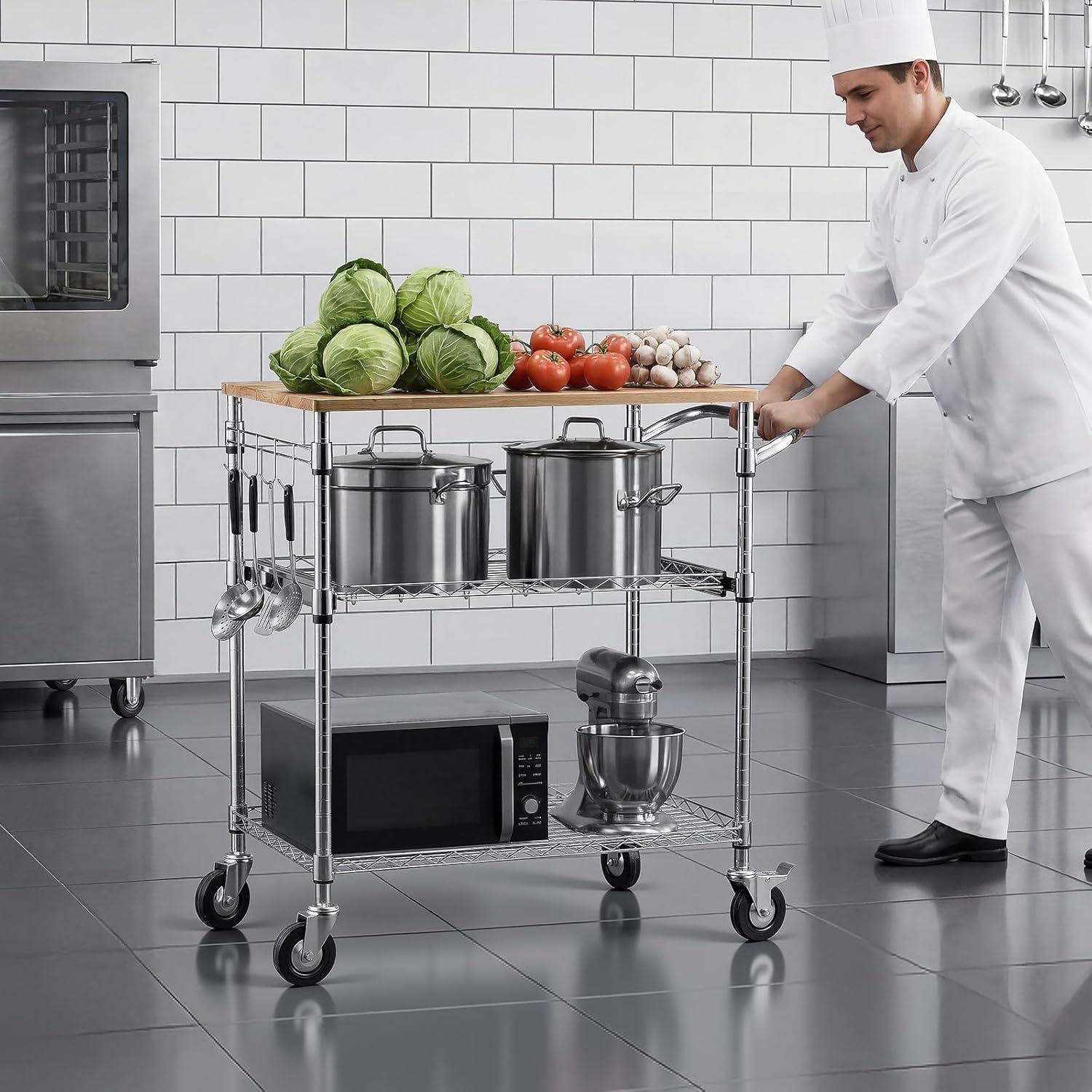 image:imageVEVOR Kitchen Utility Cart 3 Tier Heavy Duty Adjustable Wire Storage Rack Commercial Steel Rolling Service Trolley on Wheels Work Table with Handle Bar for Garage and Laundry Room 40x25x409 in18d X 30w X 36h Table Top