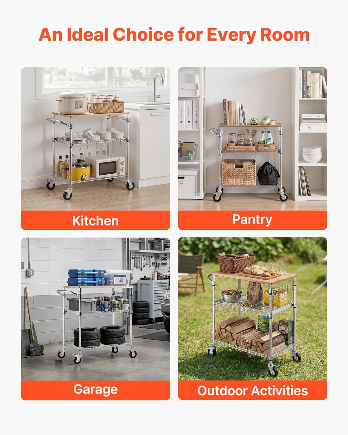 image:imageVEVOR Kitchen Utility Cart 3 Tier Heavy Duty Adjustable Wire Storage Rack Commercial Steel Rolling Service Trolley on Wheels Work Table with Handle Bar for Garage and Laundry Room 40x25x409 in18d X 30w X 36h Table Top