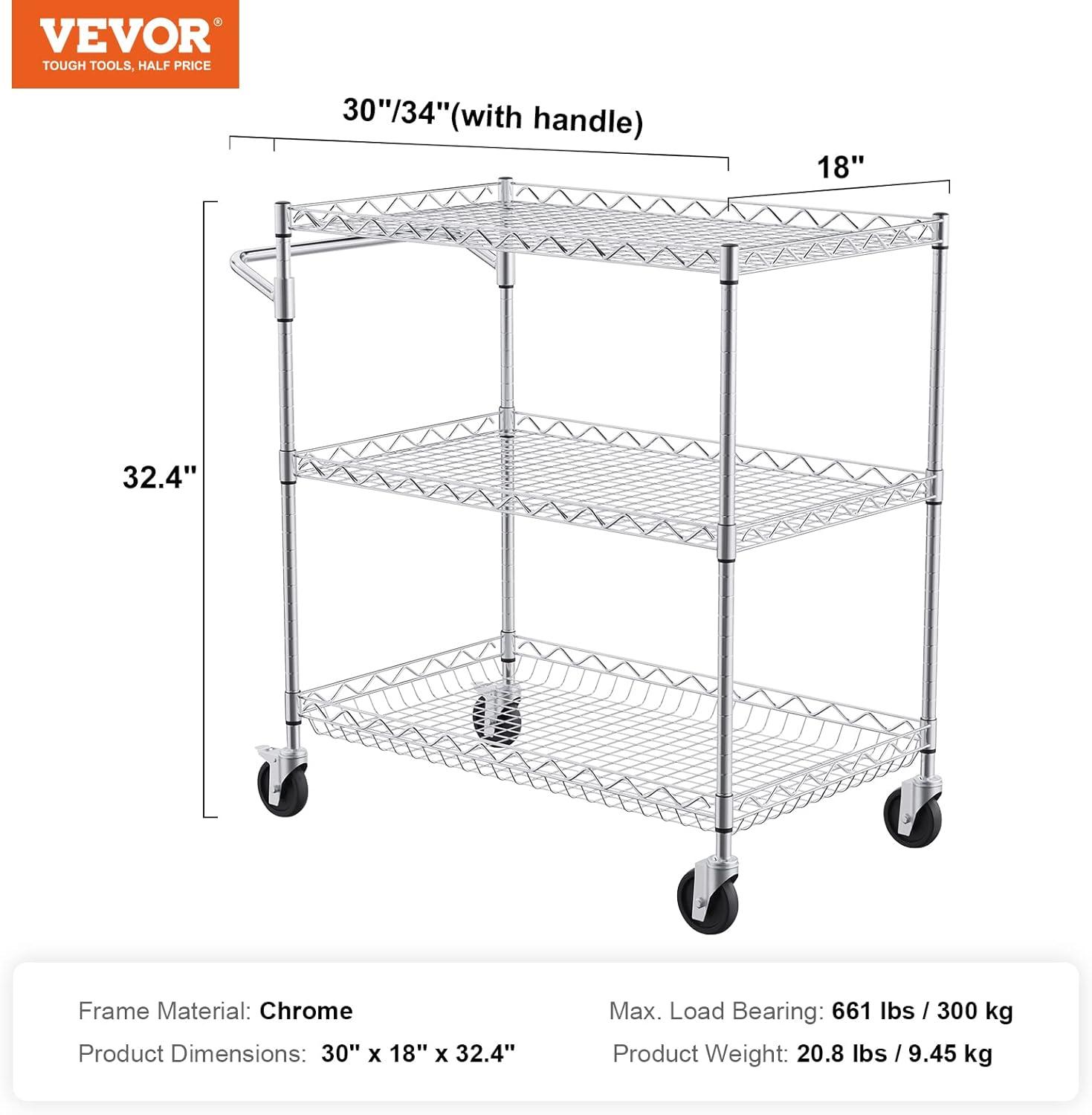 image:imageVEVOR Kitchen Utility Cart 3 Tier Heavy Duty Adjustable Wire Storage Rack Commercial Steel Rolling Service Trolley on Wheels Work Table with Handle Bar for Garage and Laundry Room 40x25x409 in18d X 30w X 324h