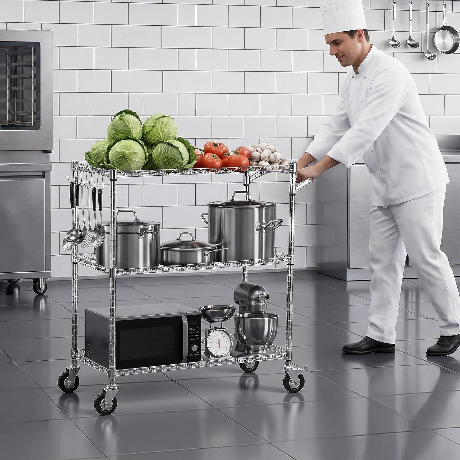 image:imageVEVOR Kitchen Utility Cart 3 Tier Heavy Duty Adjustable Wire Storage Rack Commercial Steel Rolling Service Trolley on Wheels Work Table with Handle Bar for Garage and Laundry Room 40x25x409 in178d X 35w X 409h Upgraded